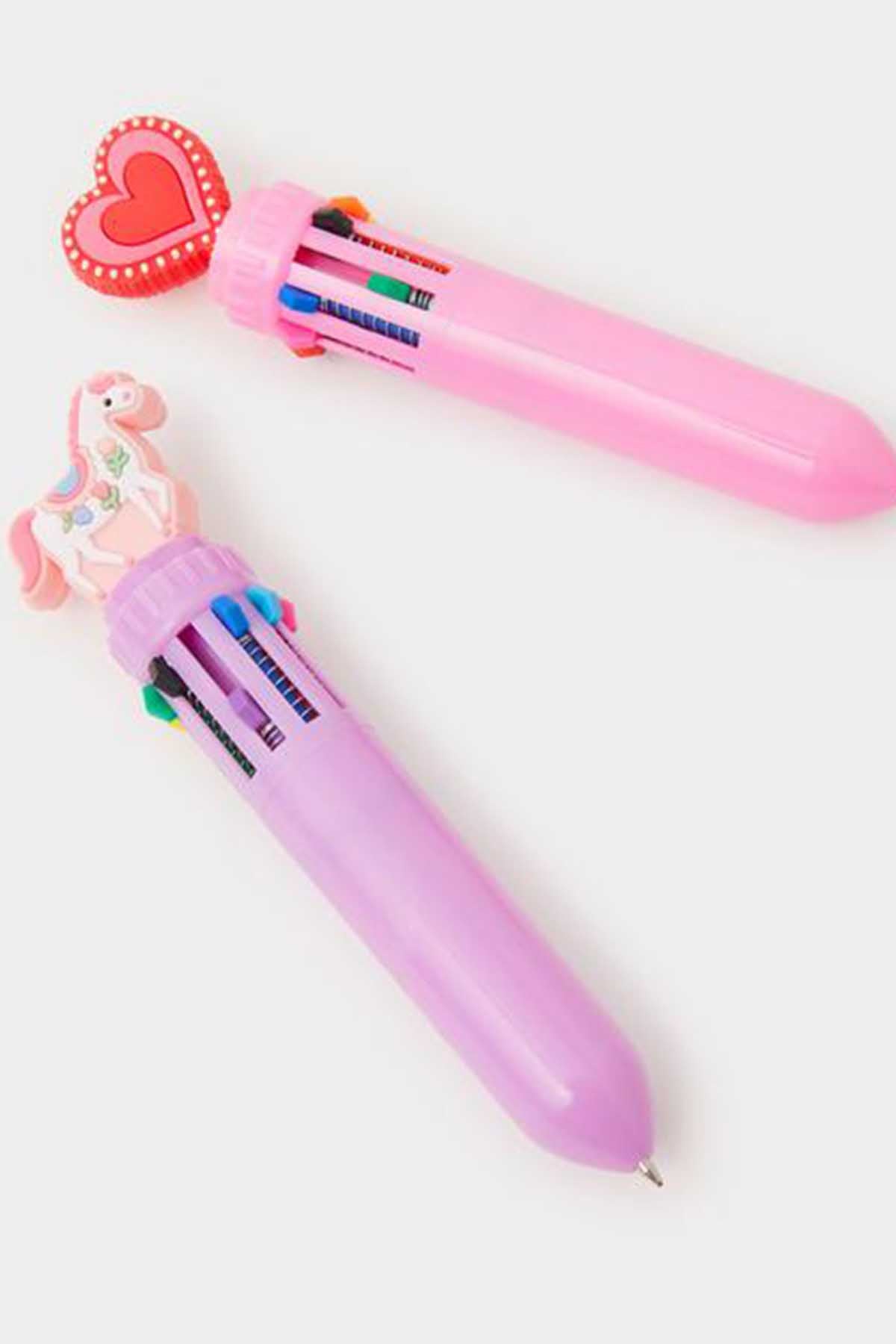 Accessorize mini 10 colour pens, pastel pink and lilac, with heart and unicorn pendants