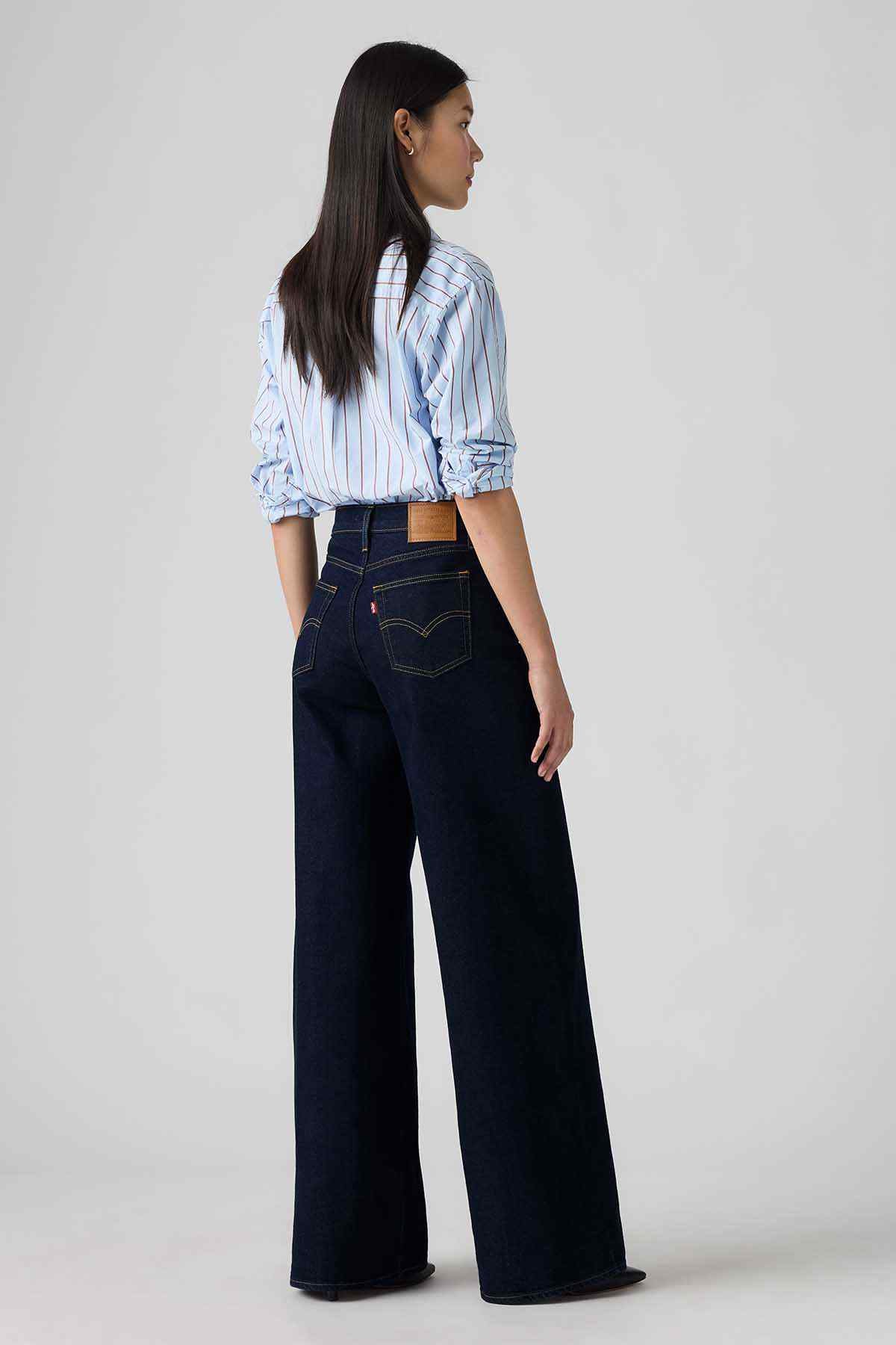 Levi's dark indigo wide-leg jeans with back patch pocket and wide waistband