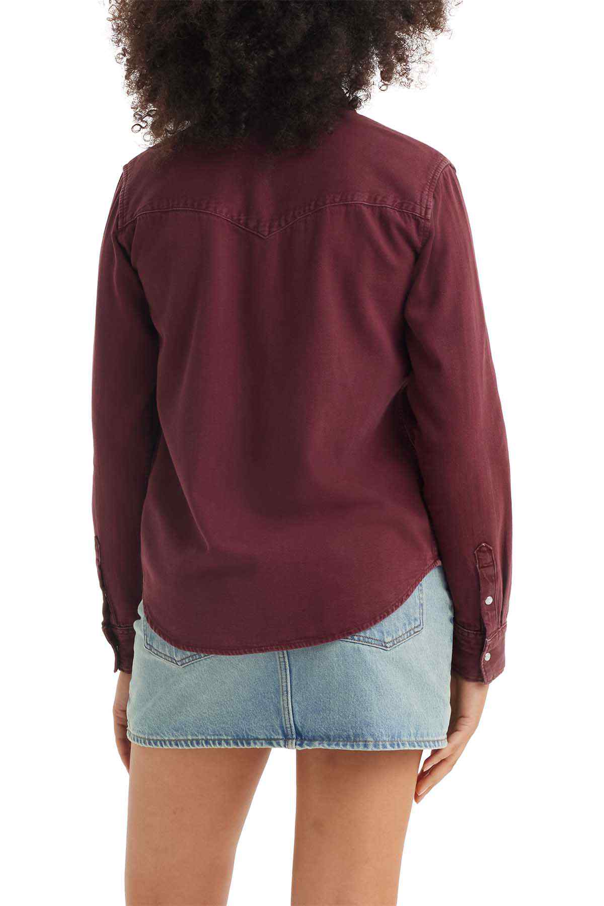 Levi's burgundy button-up shirt back view with button cuffs