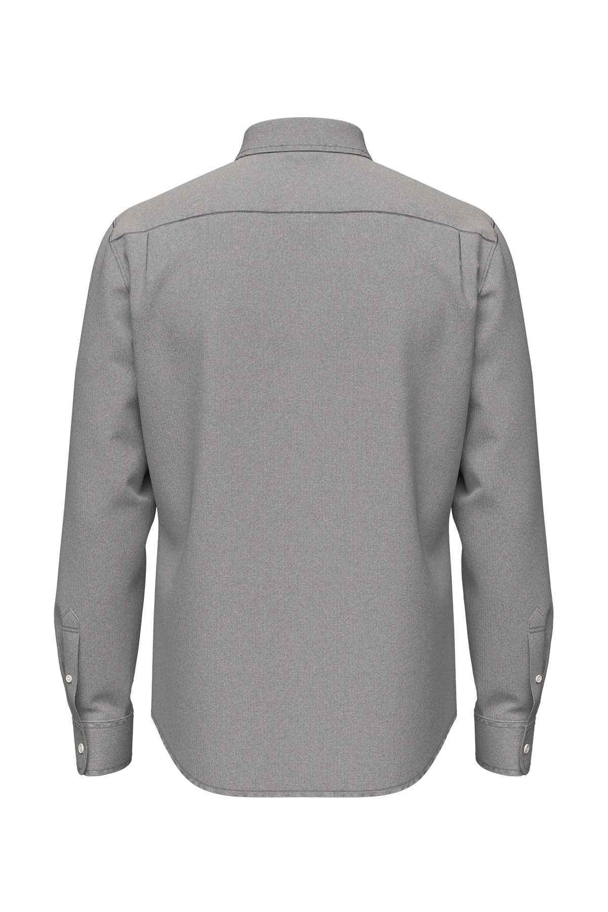 Grey long-sleeve button-up shirt, back view with yoke seams