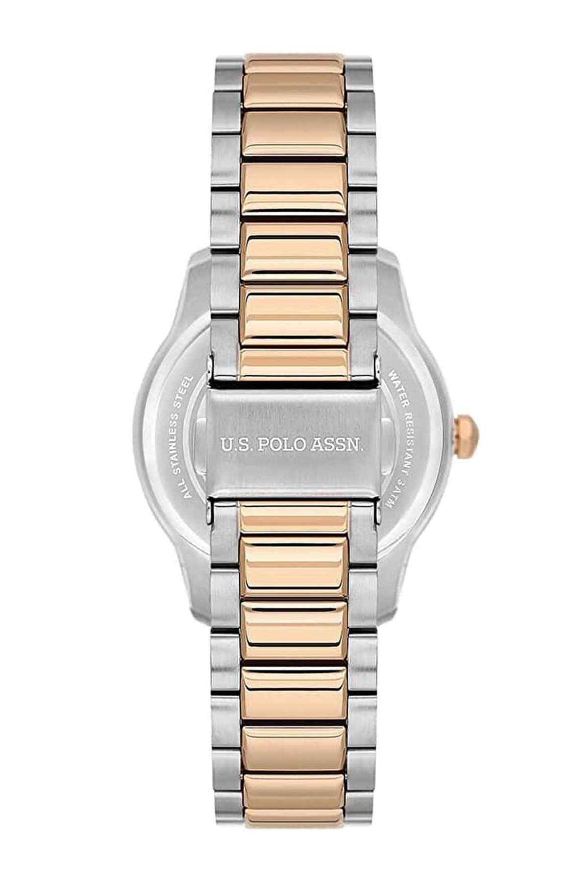 Two-tone wristwatch case with engraved U.S. POLO ASSN and metal link bracelet