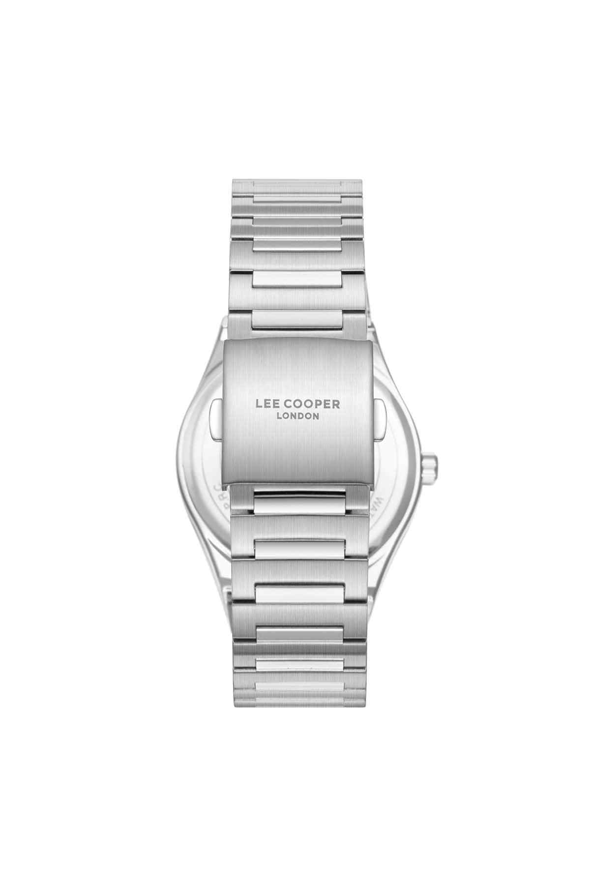 Silver stainless steel wristwatch with clasp logo and blue dial