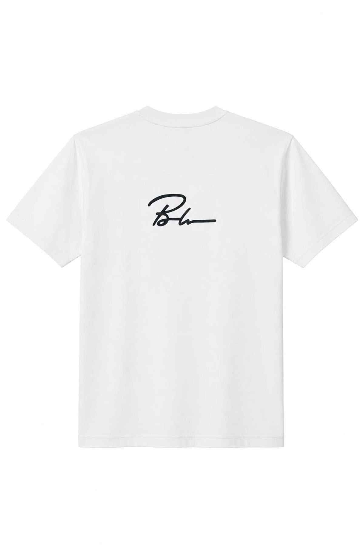 White T-shirt with black back signature
