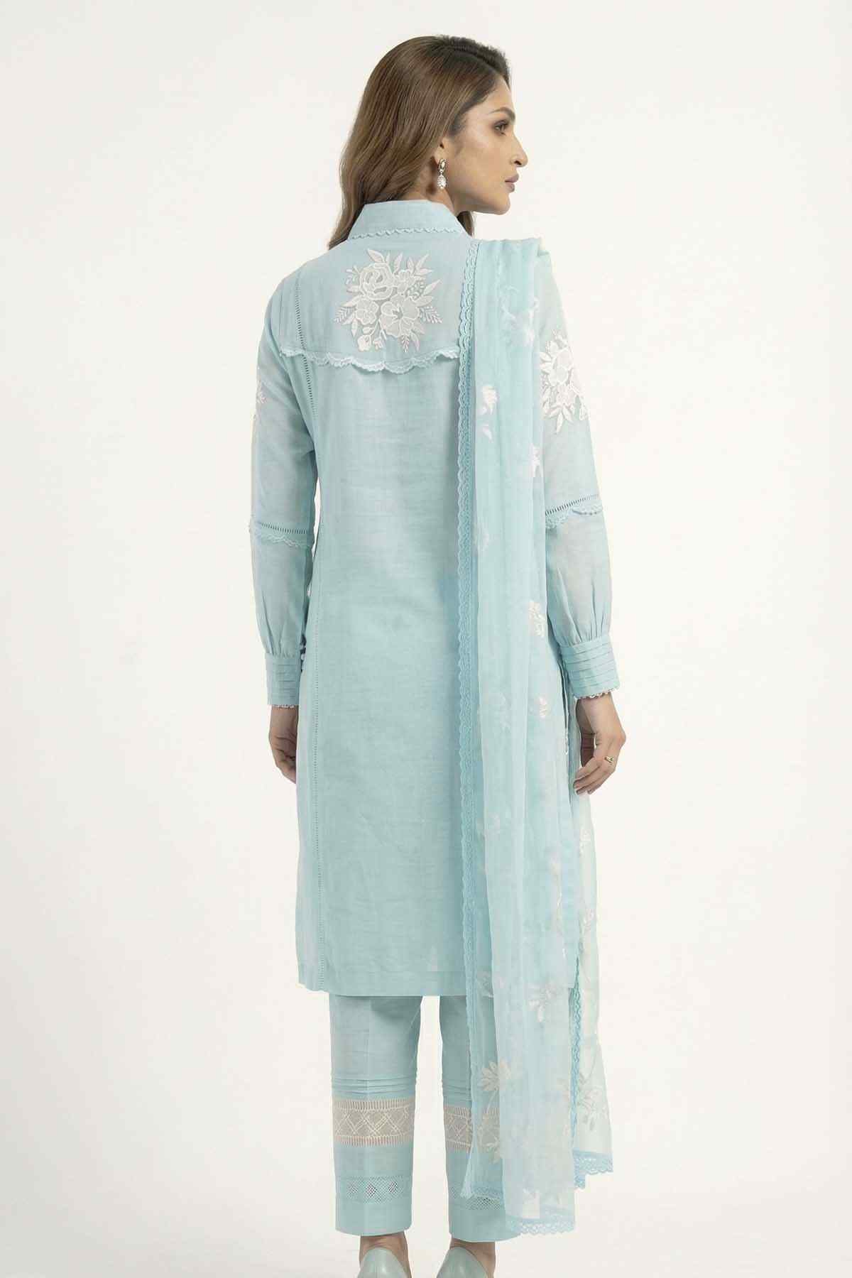 Sky blue long kurta set with back floral embroidery, matching trousers, and sheer dupatta