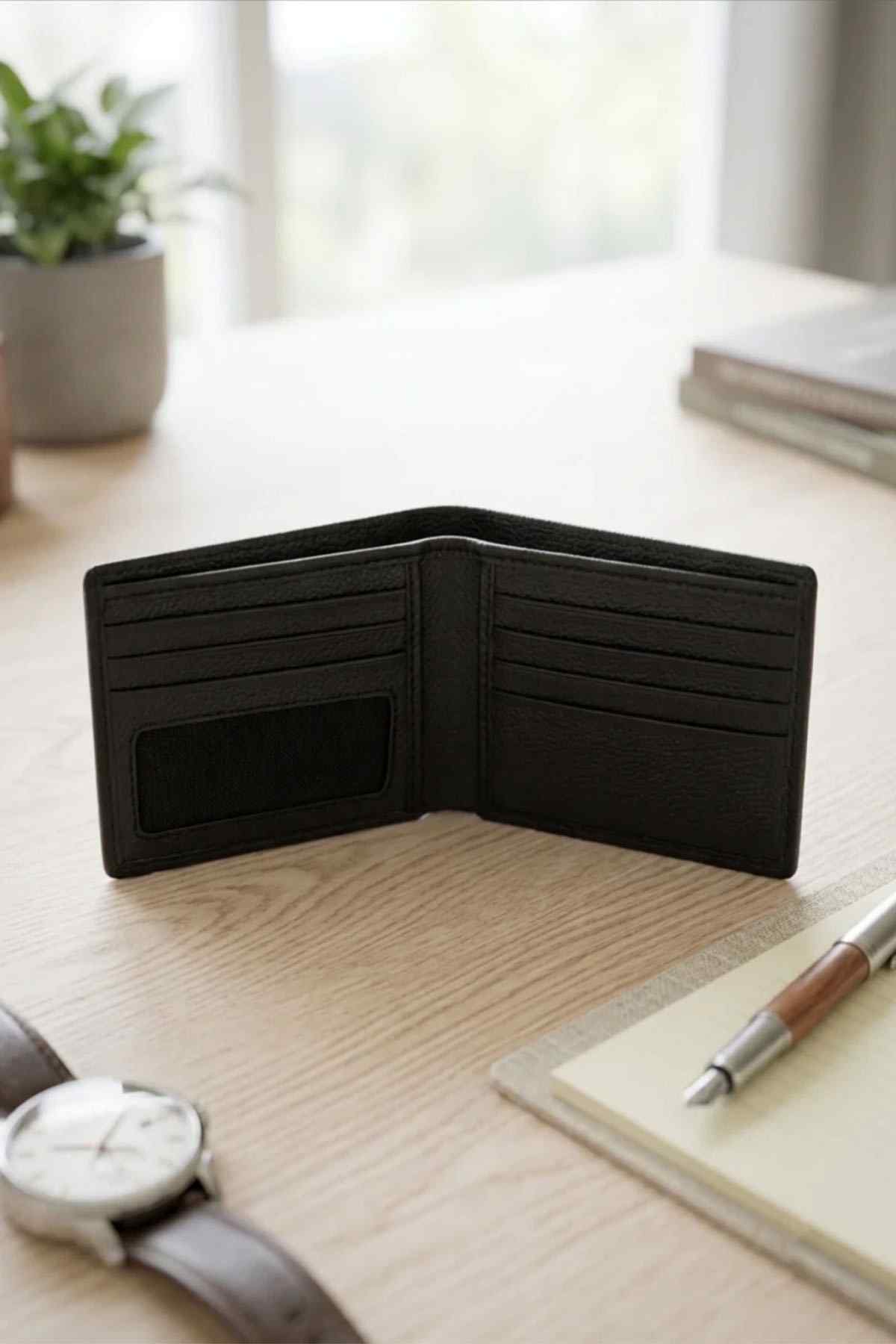 Black leather bifold wallet open with multiple card slots