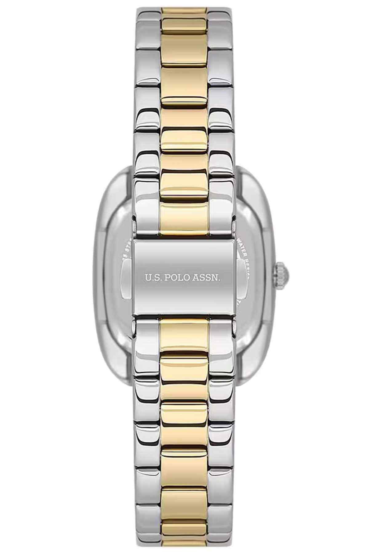 U.S. Polo Assn metal wristwatch with engraved back and gold center link bracelet