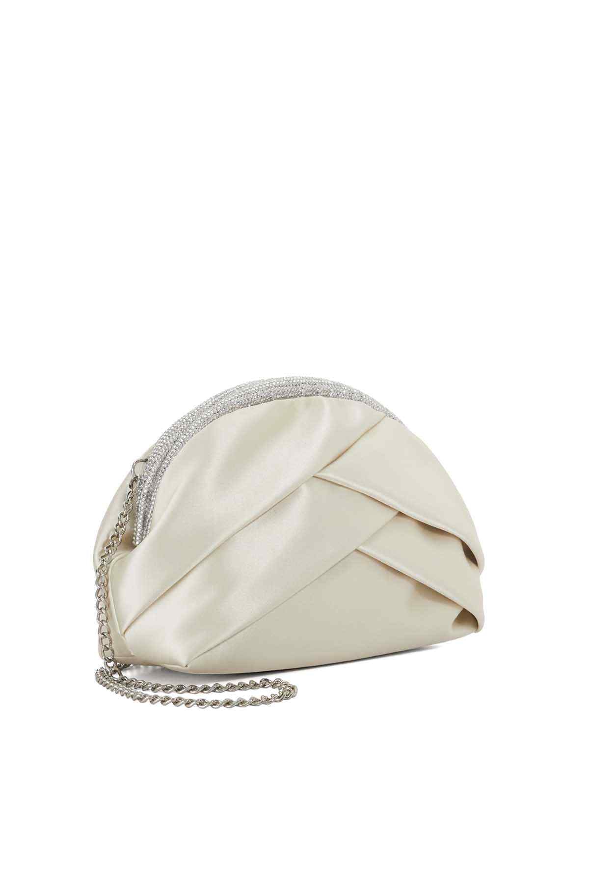Ivory mini shoulder bag with quilted panel, beaded trim, and chain strap