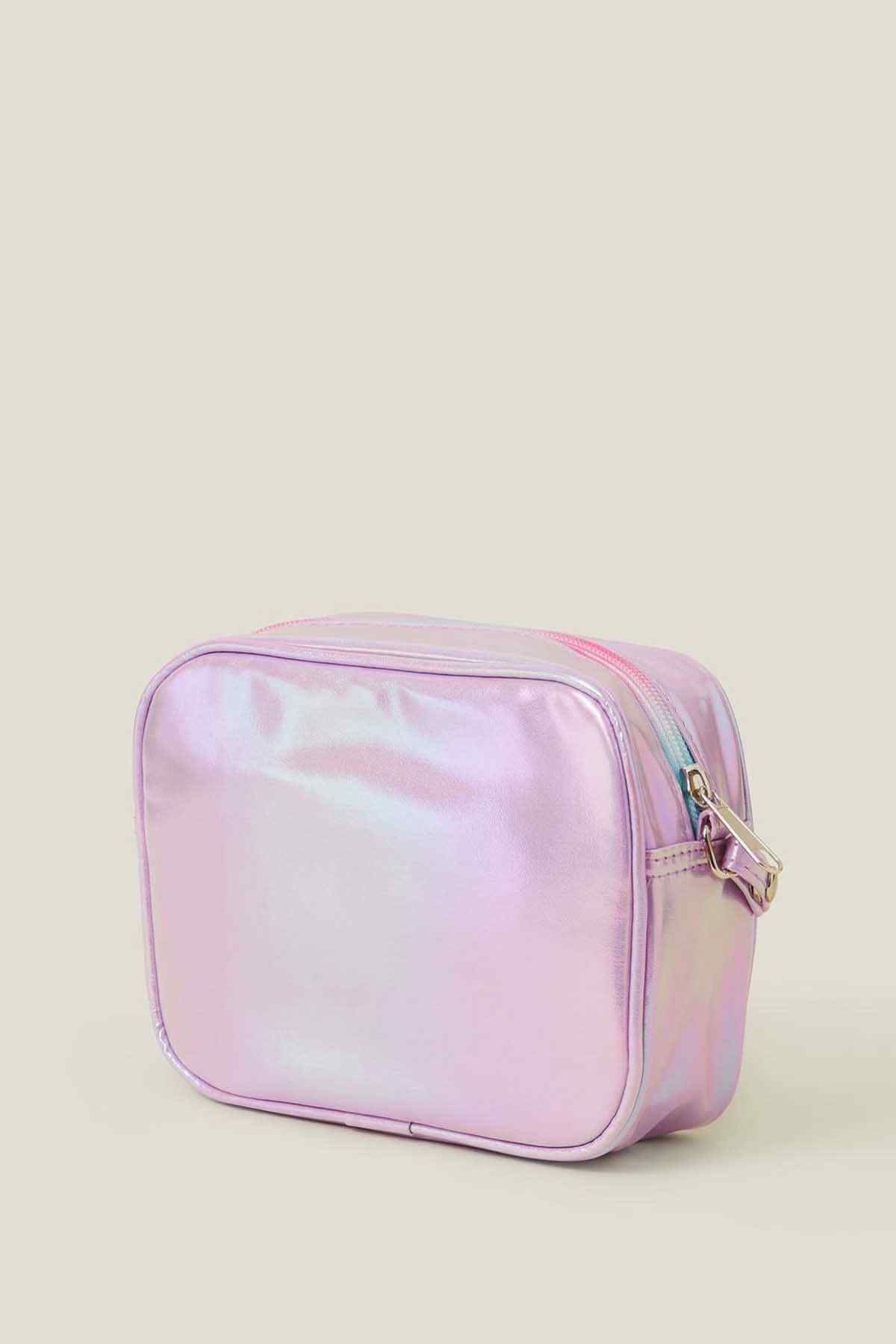 Lilac zip cosmetic bag with gold-tone zipper and short handle strap