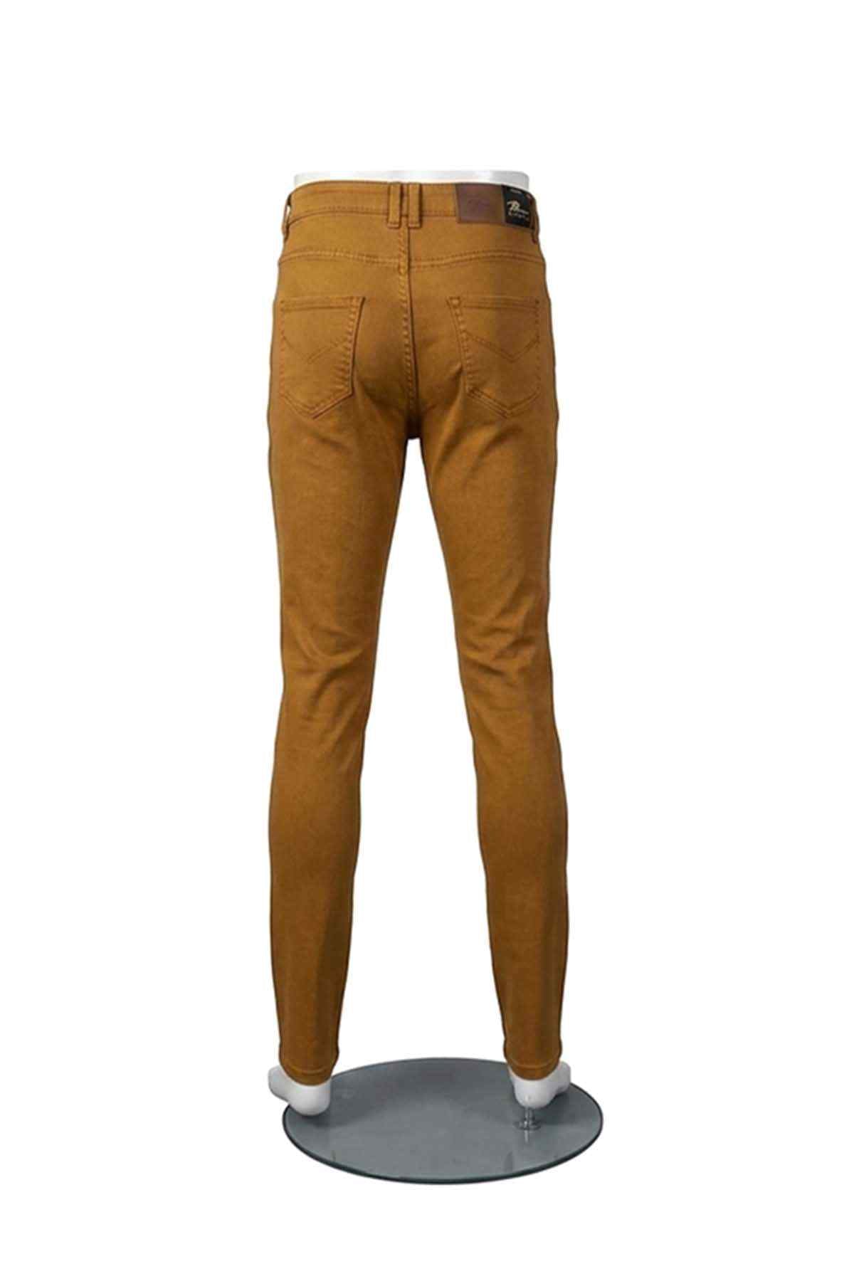 Mustard slim-fit chinos with belt loops, rear yoke, and patch pockets