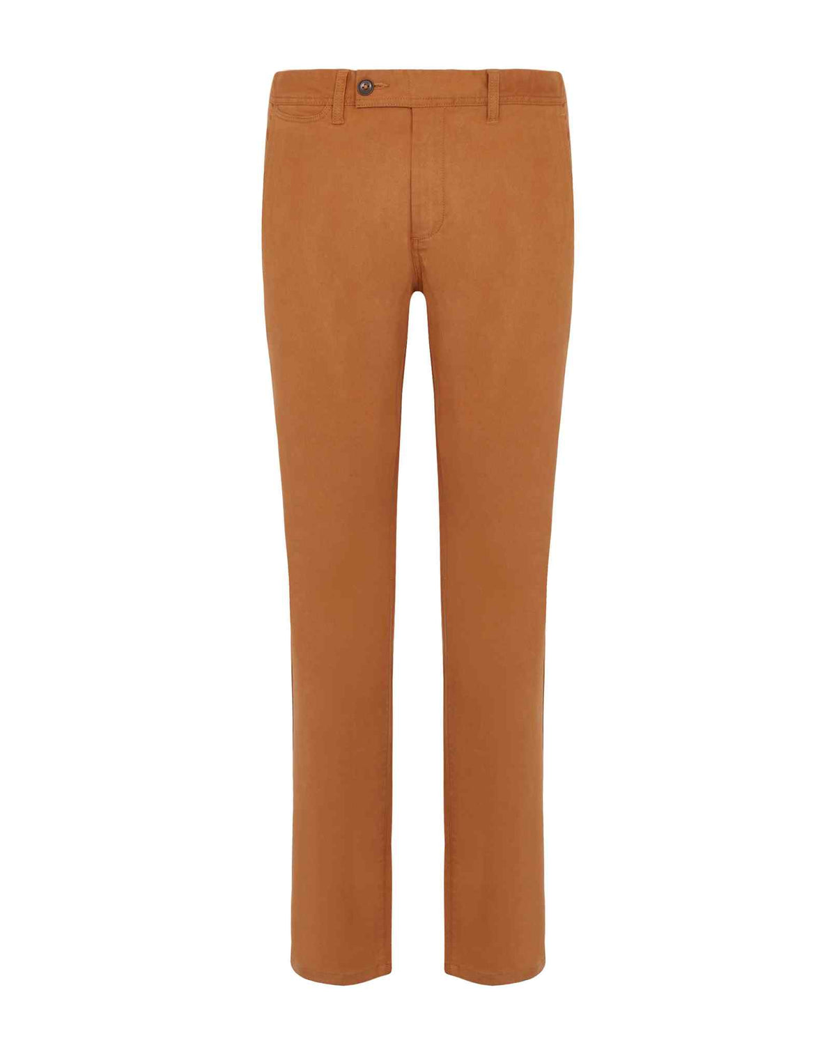 Mustard brown straight-leg pants with button-and-zip closure