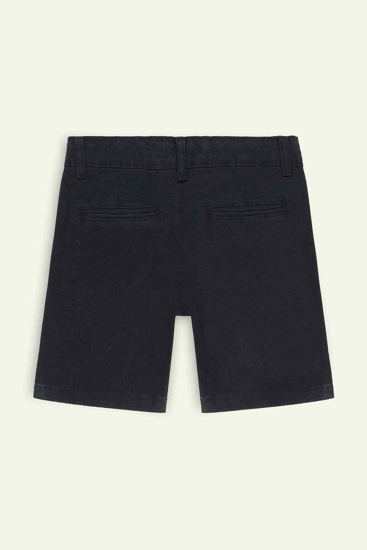 Black shorts with two front pockets and two back pockets