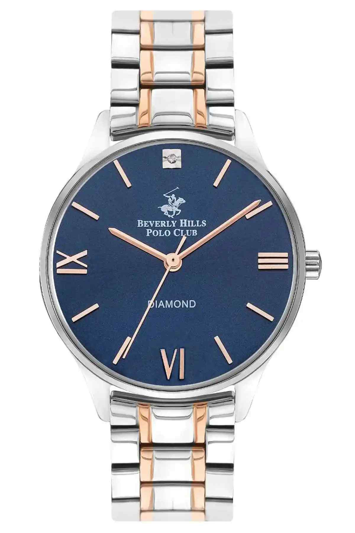 Two-tone steel and rose watch with blue dial, Roman numerals, and metal bracelet