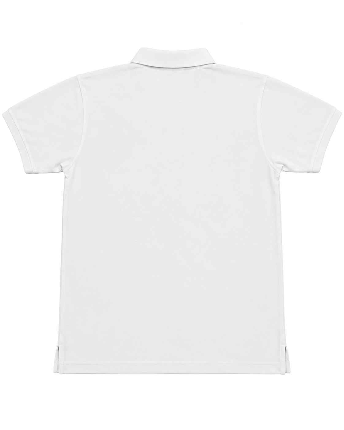 Men's white polo shirt, back view with short sleeves and plain yoke