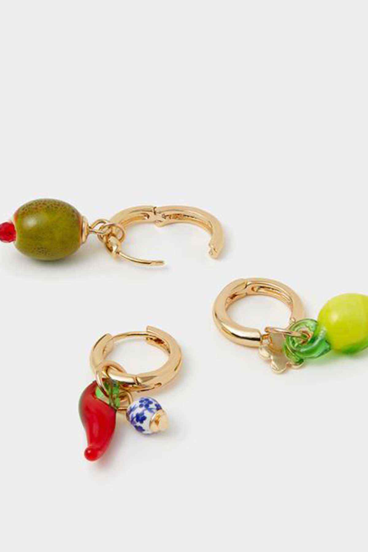 Gold-tone hoop earrings with assorted fruit charms, including red and green beads