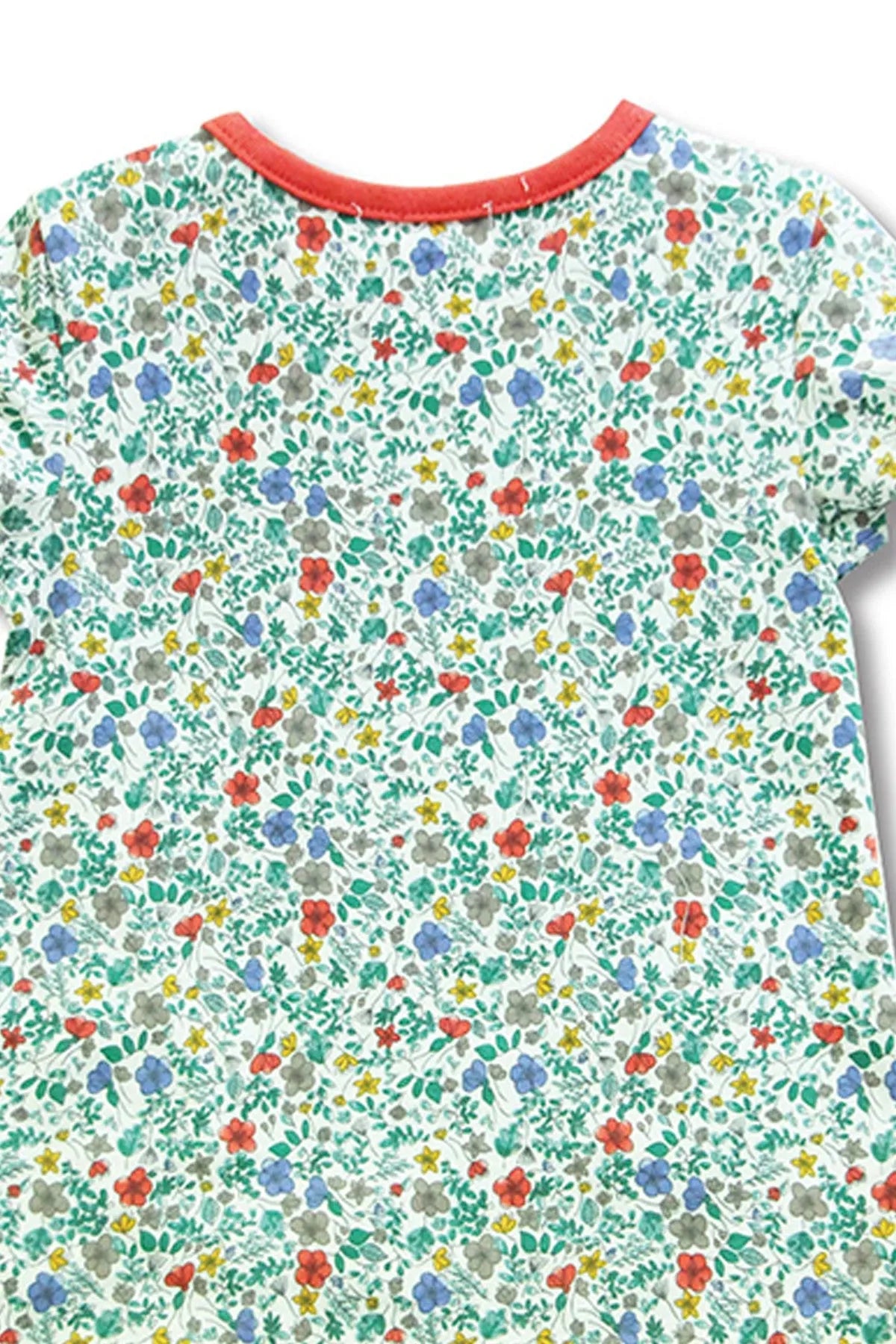 Close-up of baby floral print T-shirt dress with coral orange crew neck
