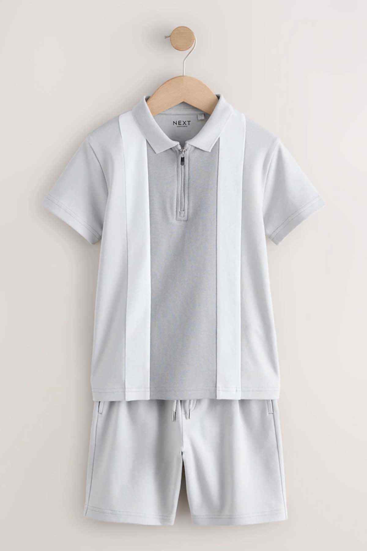 Light grey zip polo top and drawstring shorts set with collar and short sleeves