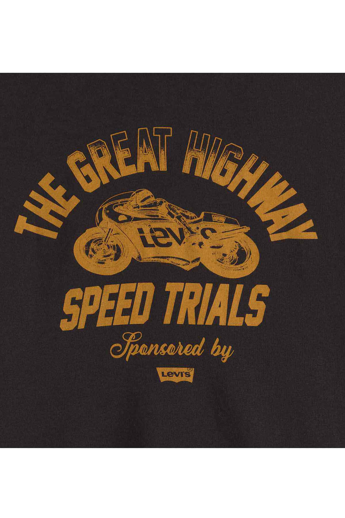 Black graphic T-shirt close-up of multicolor Speed Trials racing print with Levi's
