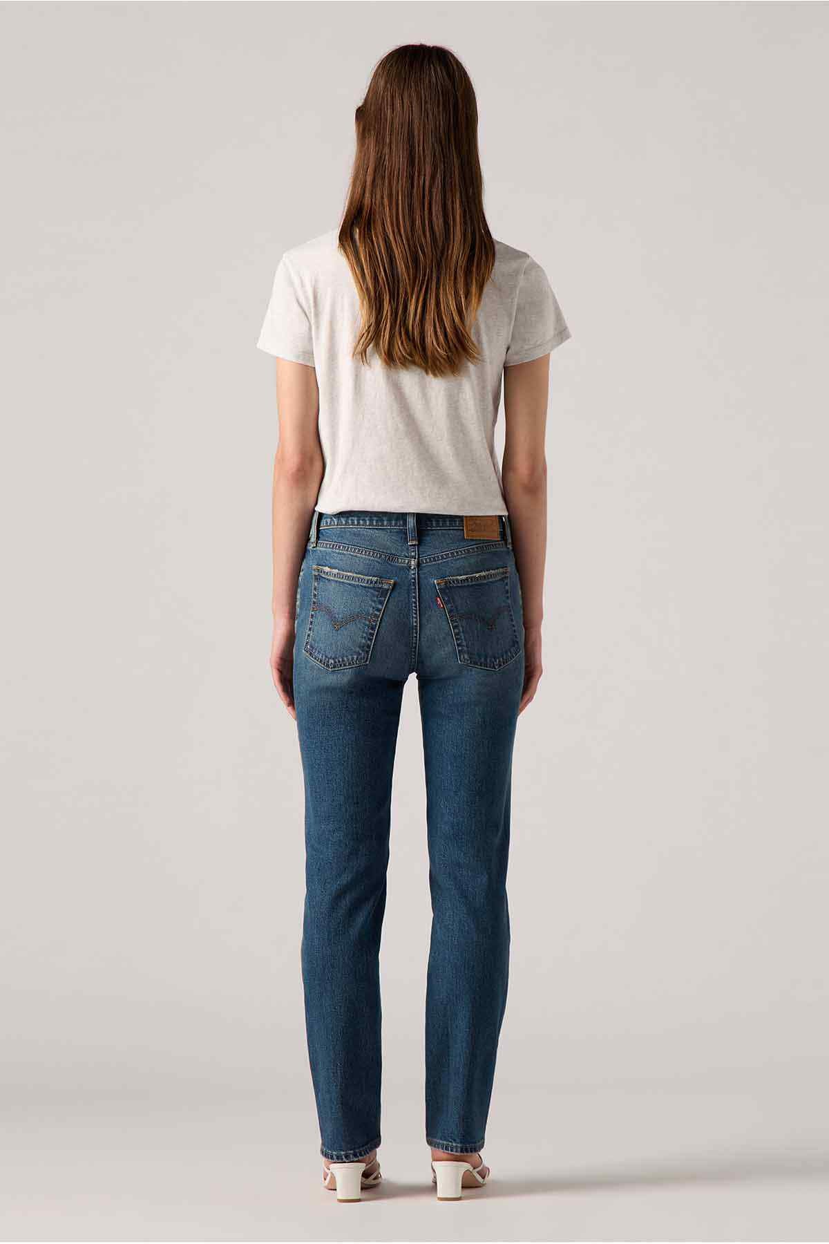Dark indigo straight-leg jeans, back view with dual back pockets