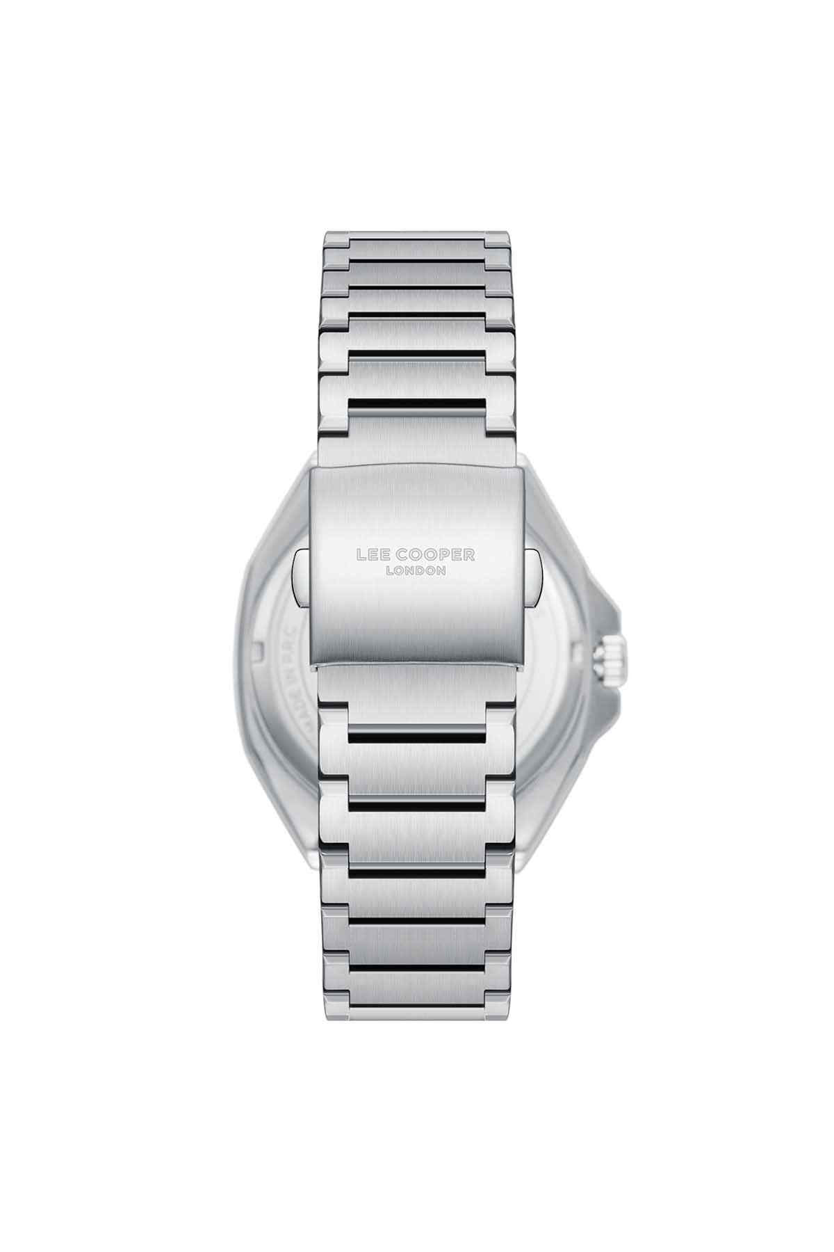 Silver stainless steel wristwatch clasp and bracelet, front view
