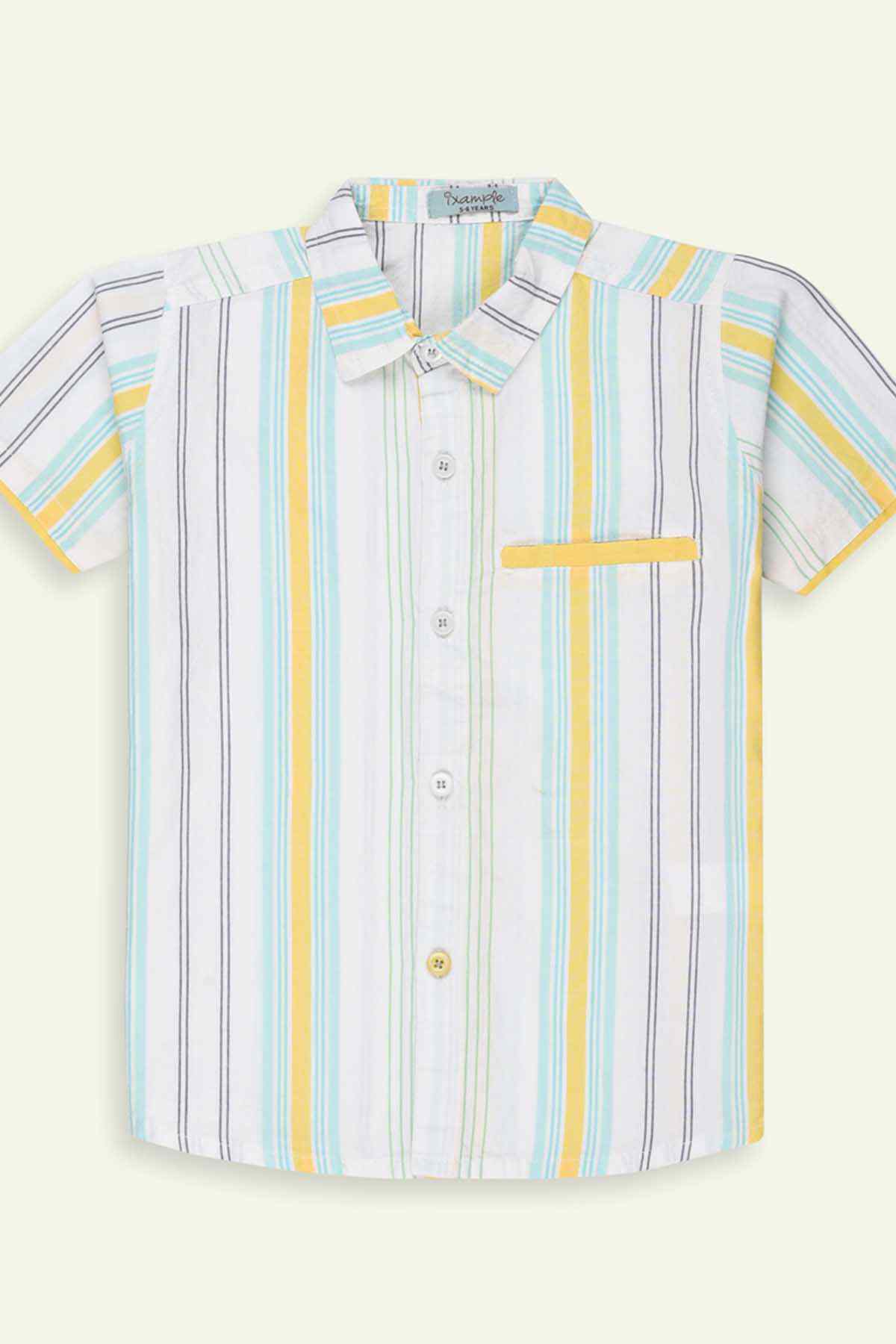 Kids short-sleeve button-up shirt in white with blue and yellow vertical stripes