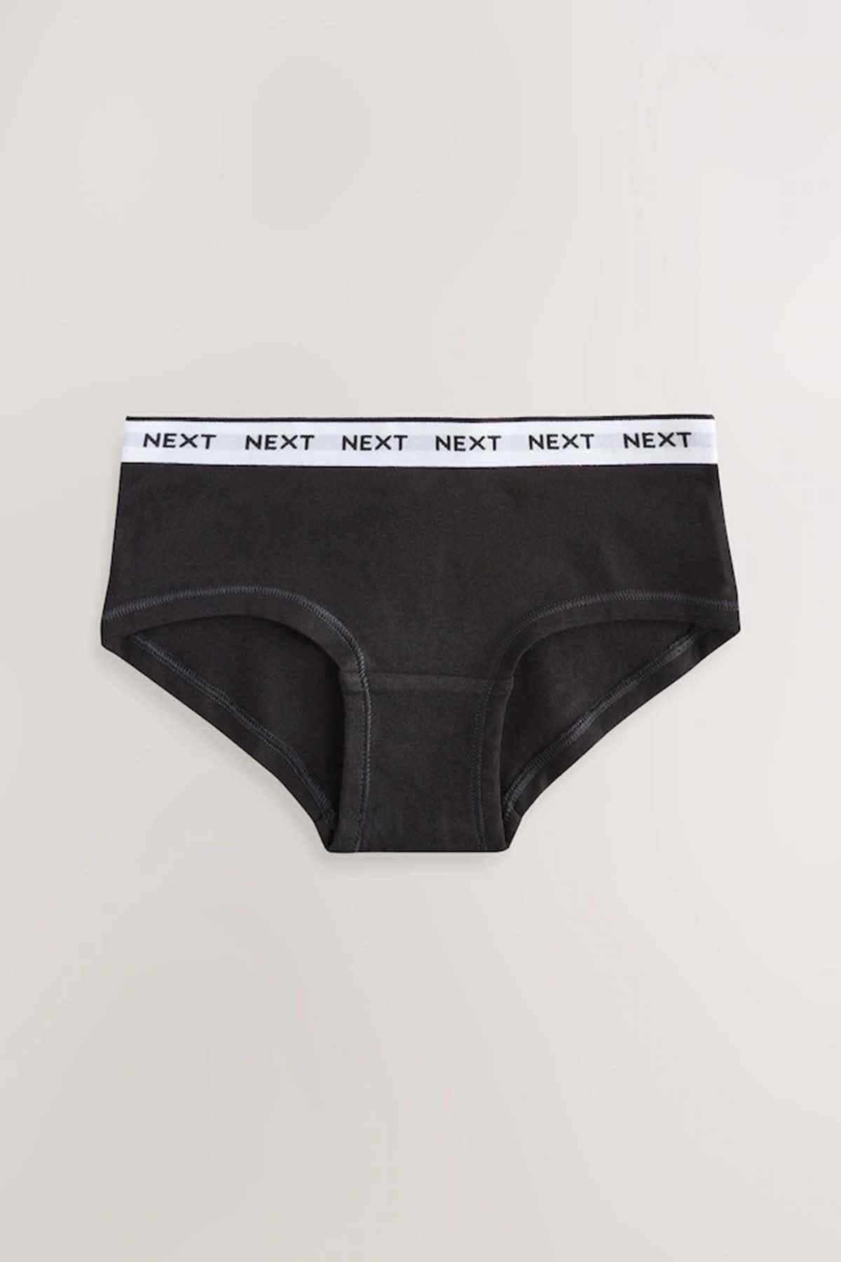 Black NEXT logo briefs with white elastic waistband and curved seams