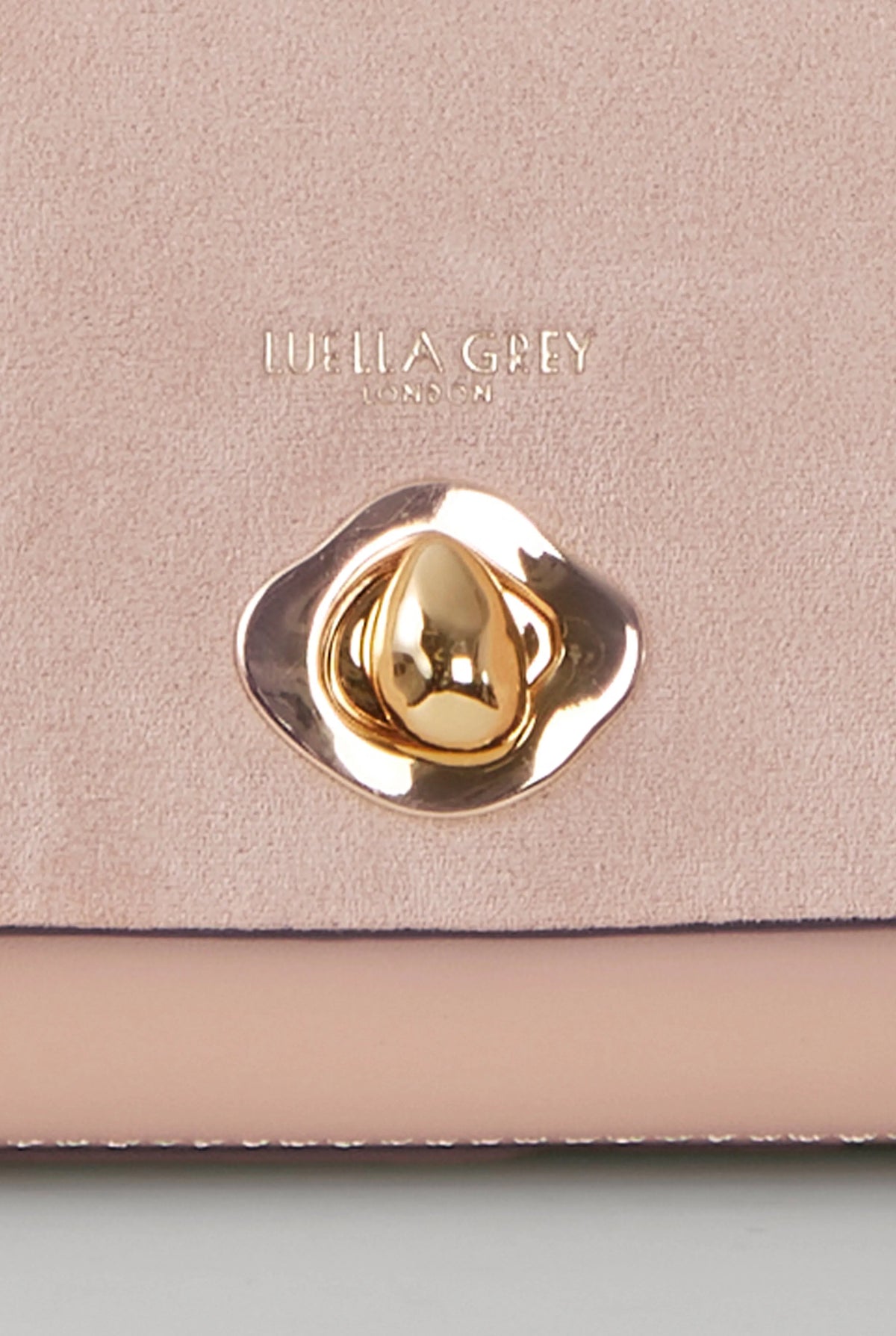 Pink Luella Grey logo plaque with gold clasp on the front flap