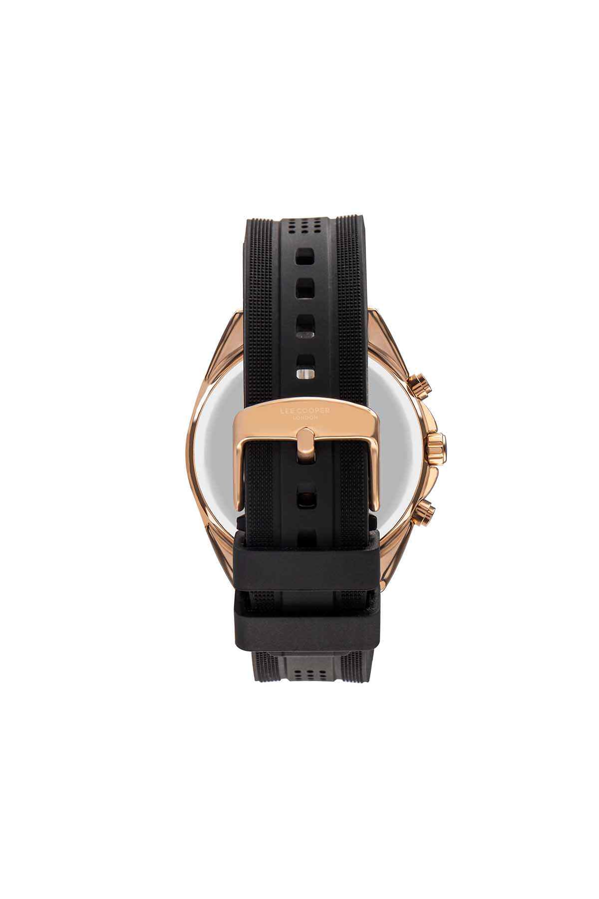 Lee Cooper wristwatch with black silicone strap and rose-gold case with crown