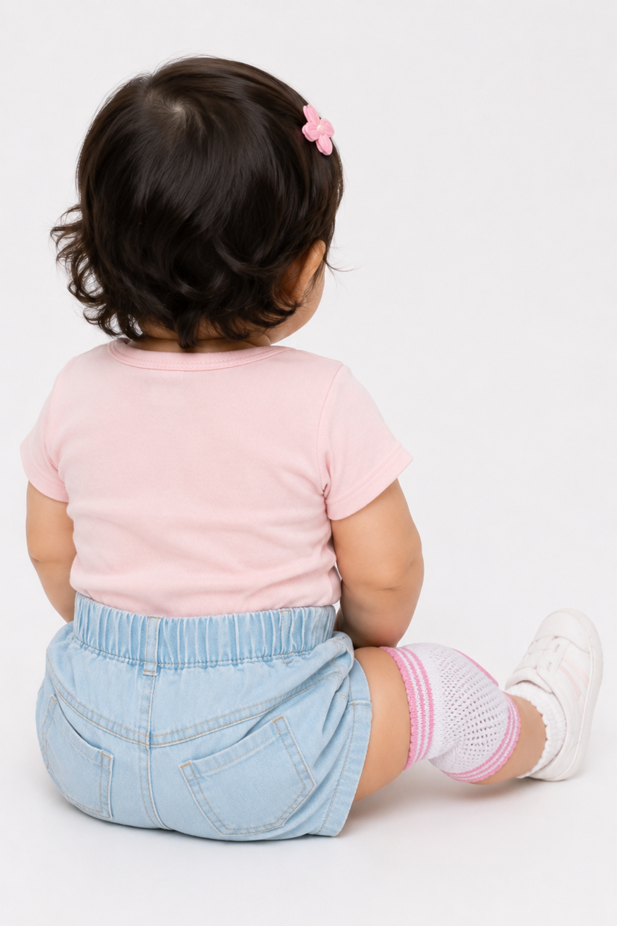 BABYSHOP baby socks on feet, white knit with pink stripes and elastic rib cuffs