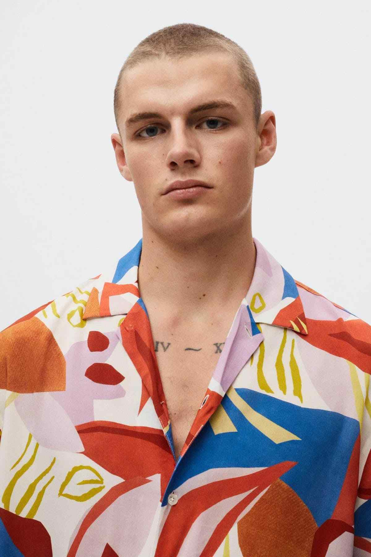 Close-up of ecru abstract-print short-sleeve shirt collar