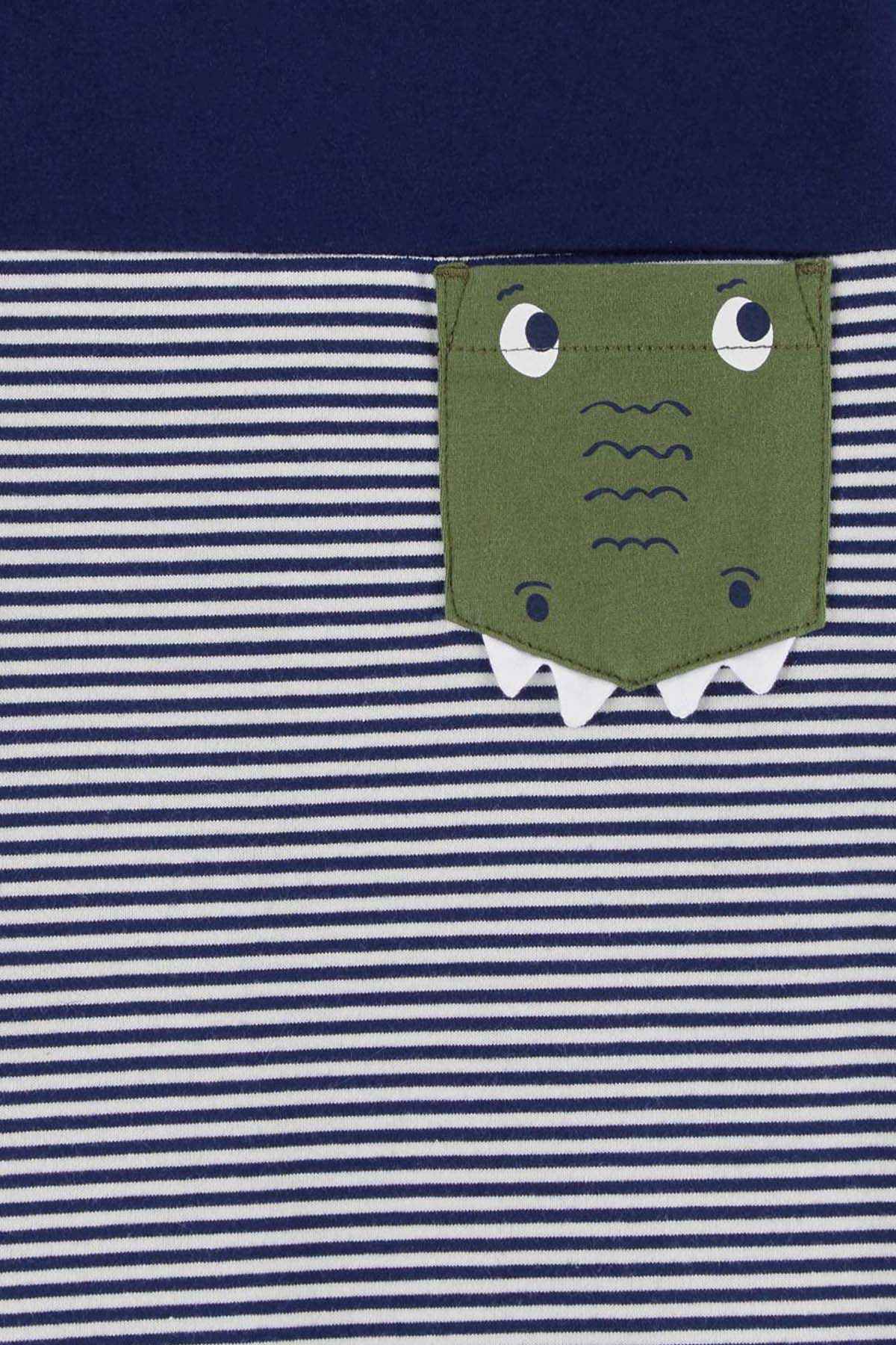 Kids striped T-shirt panel with green dinosaur face patch, eyes and small spikes