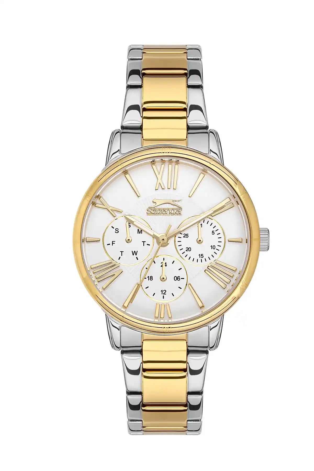 Slazenger two-tone gold and silver wristwatch with round dial and Roman numerals