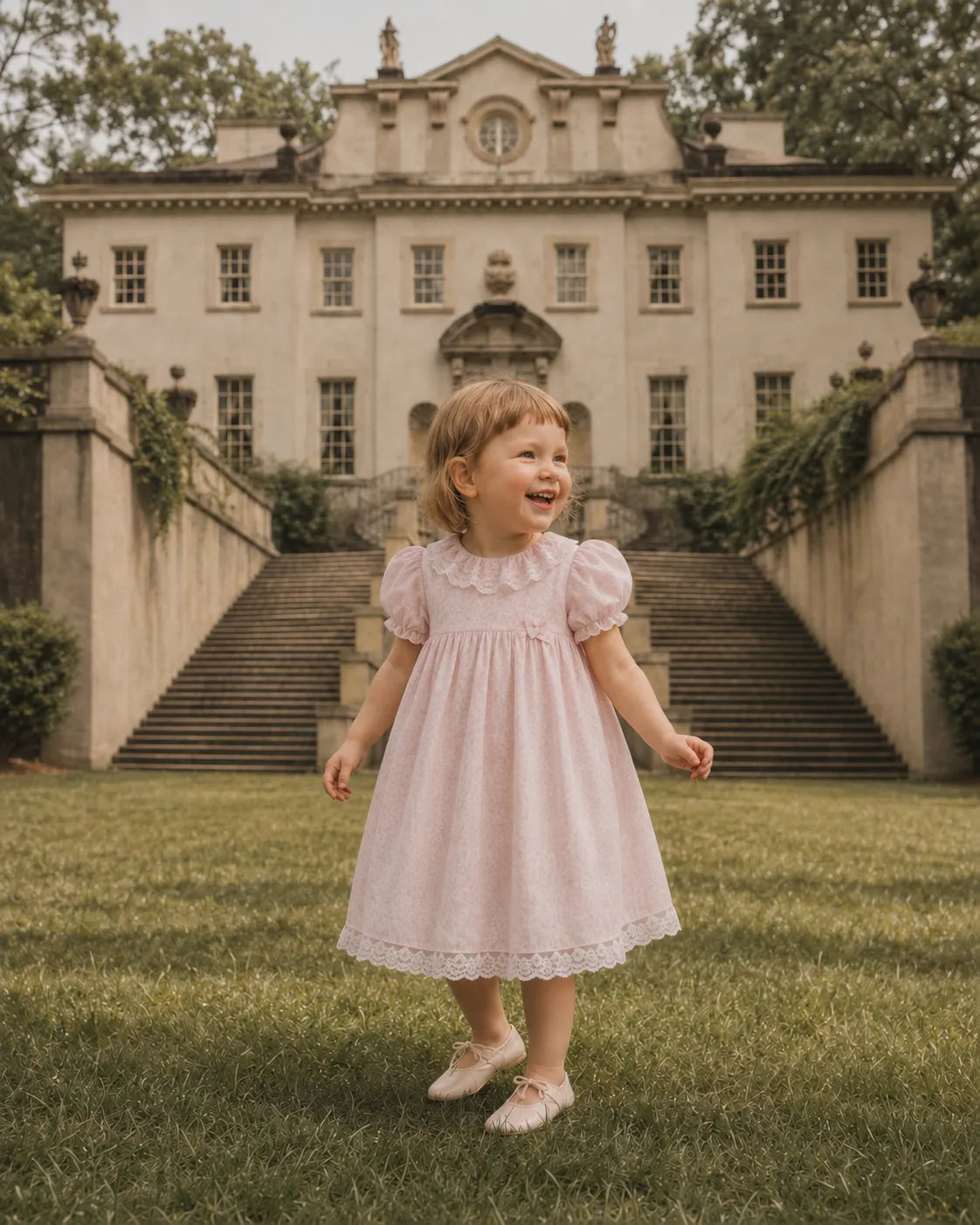 Light pink toddler dress with lace collar, puff sleeves, and full twirly skirt