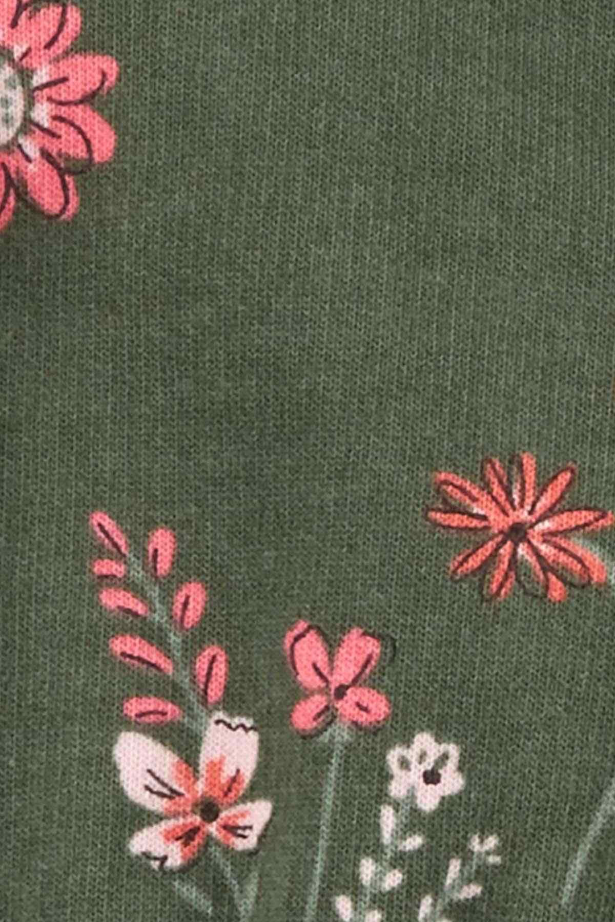Green knit fabric with pink floral embroidery detail