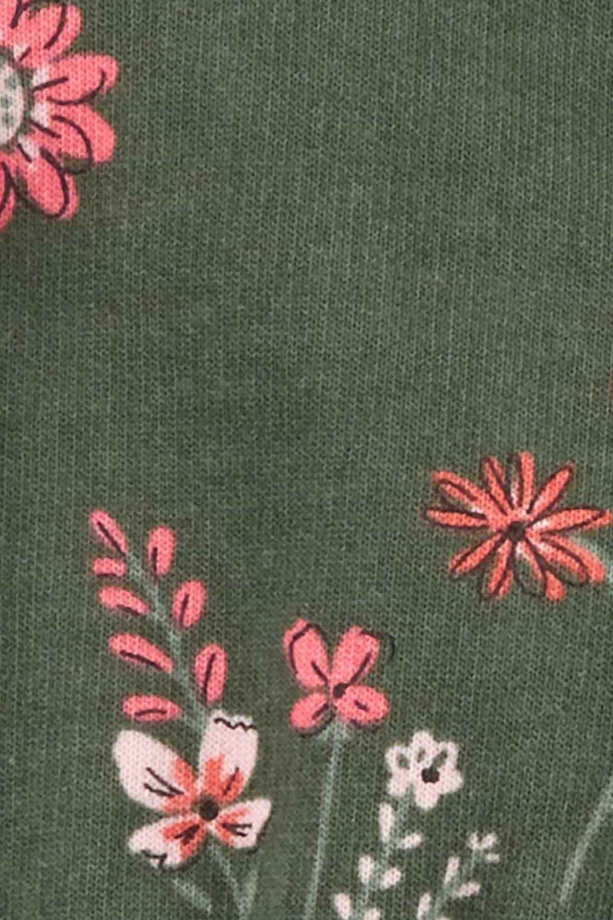 Green fabric panel with pink and white flower embroidery