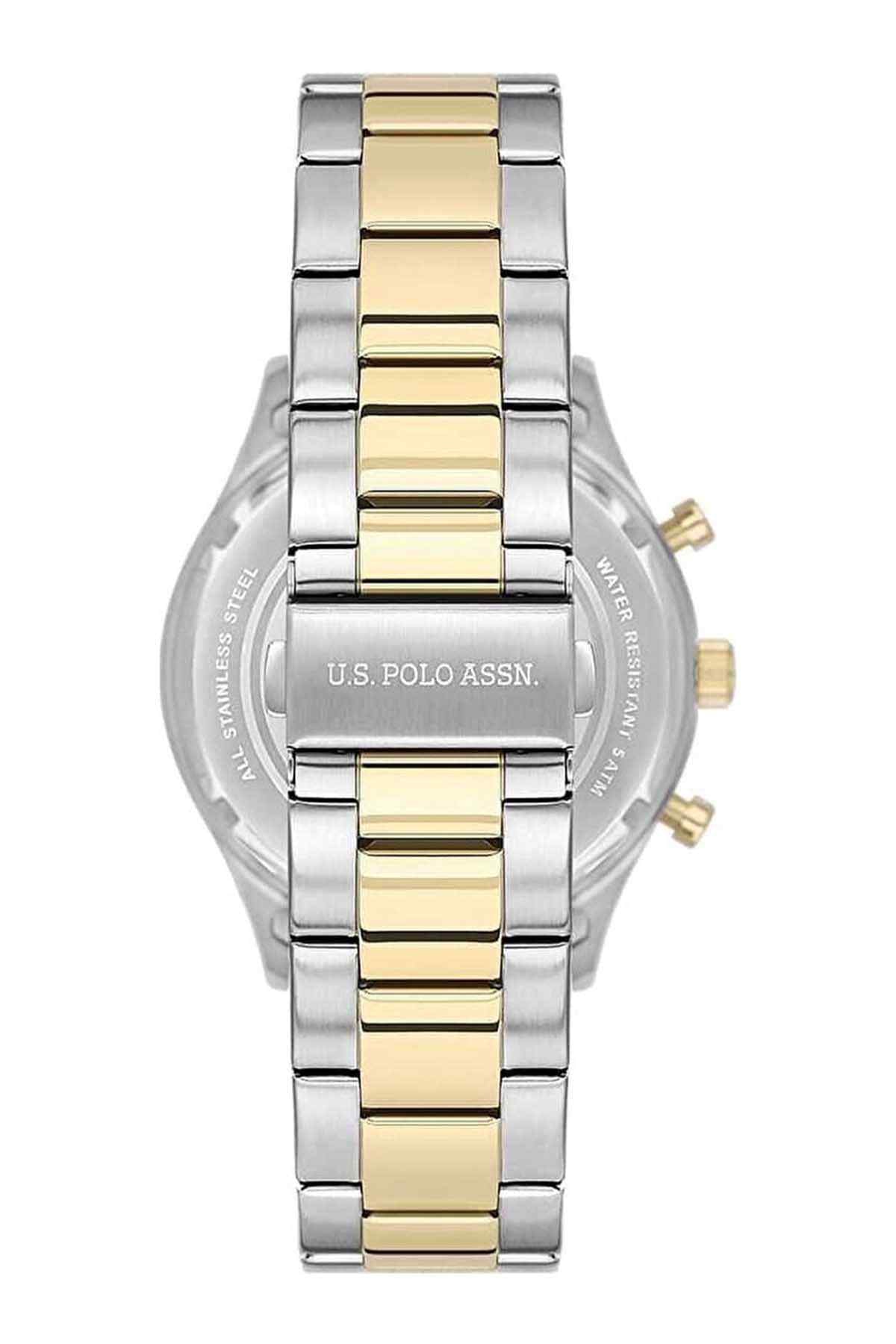 U.S. Polo Assn green dial round watch with gold center links and side crowns