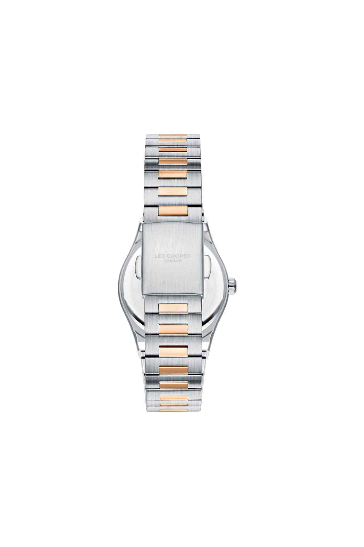 Wristwatch caseback with engraved backplate and two-tone metal bracelet.