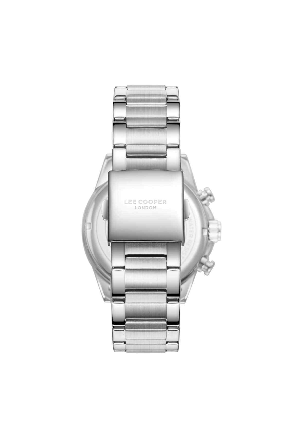 Lee Cooper silver wristwatch with metal bracelet and engraved case text