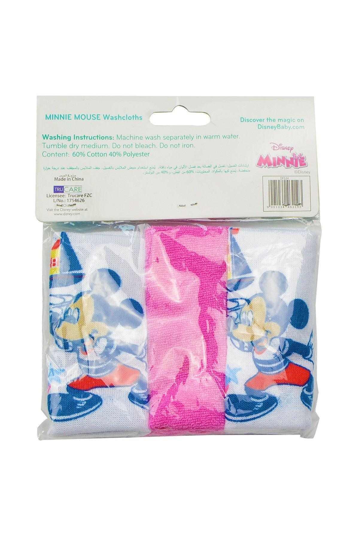 3-pack Minnie Mouse baby washcloth set in pink and blue, packaged with hang tab