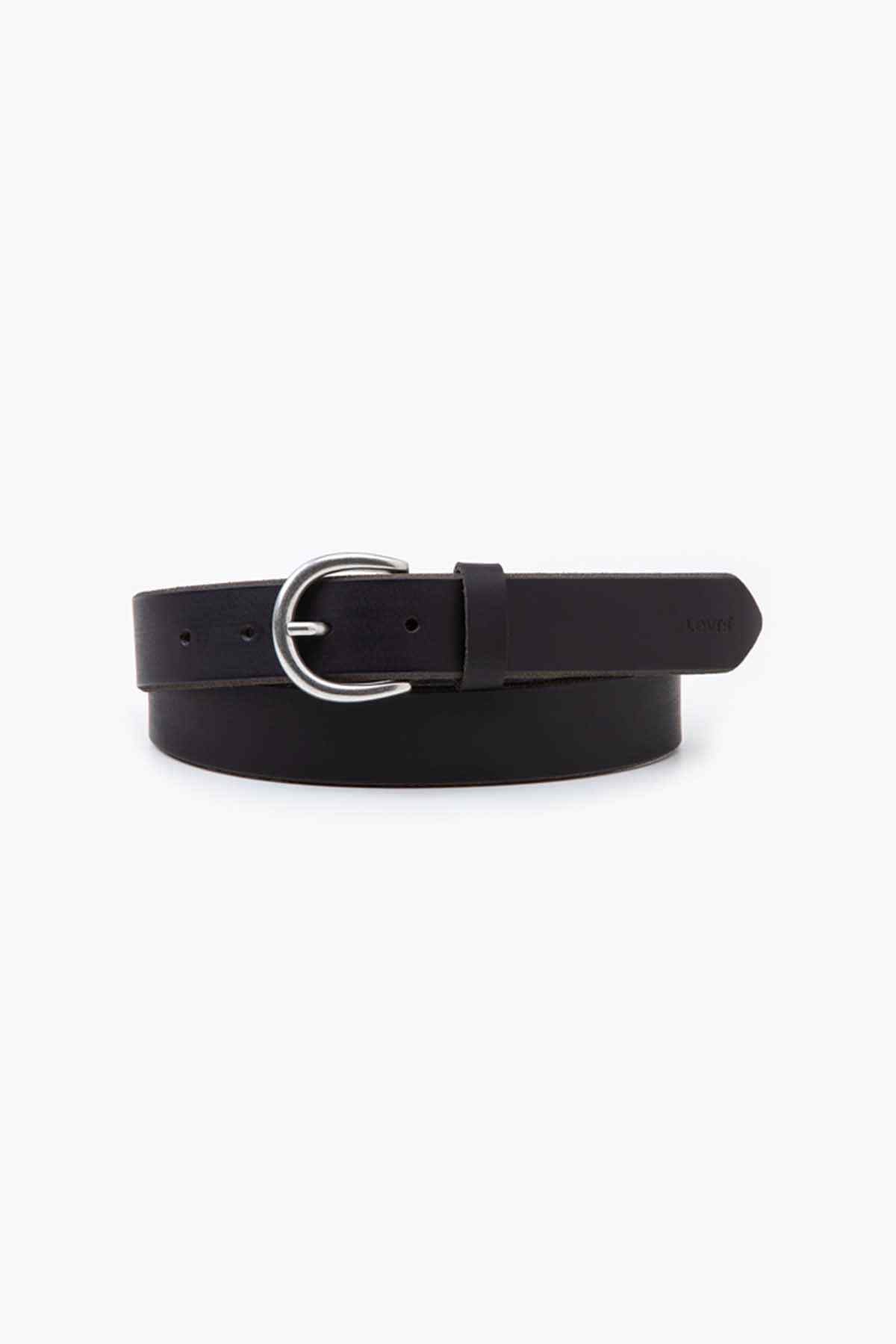 Levi's black leather belt with round metal buckle