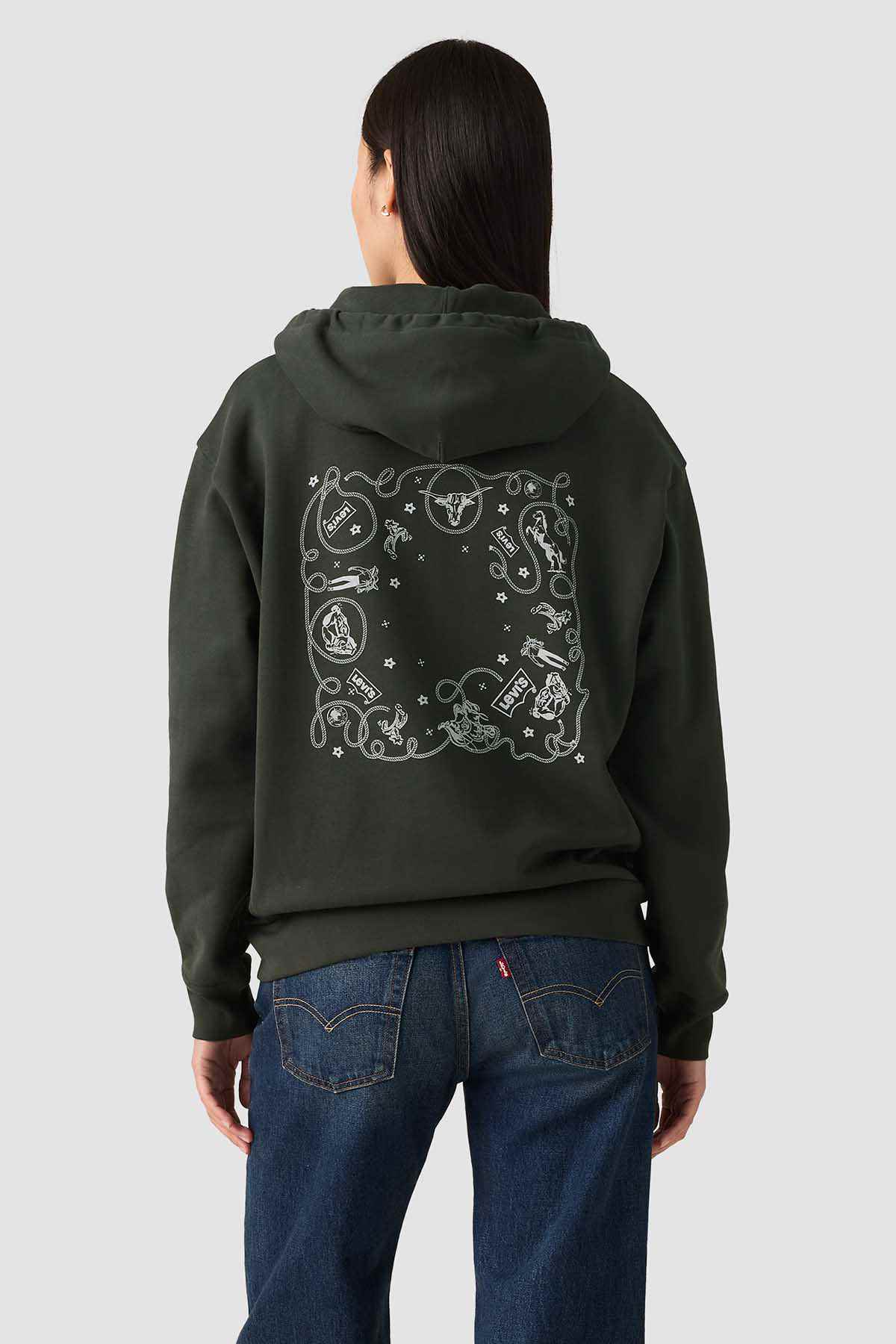 Levi's dark green hoodie with large back graphic print, drawstring hood, front pocket