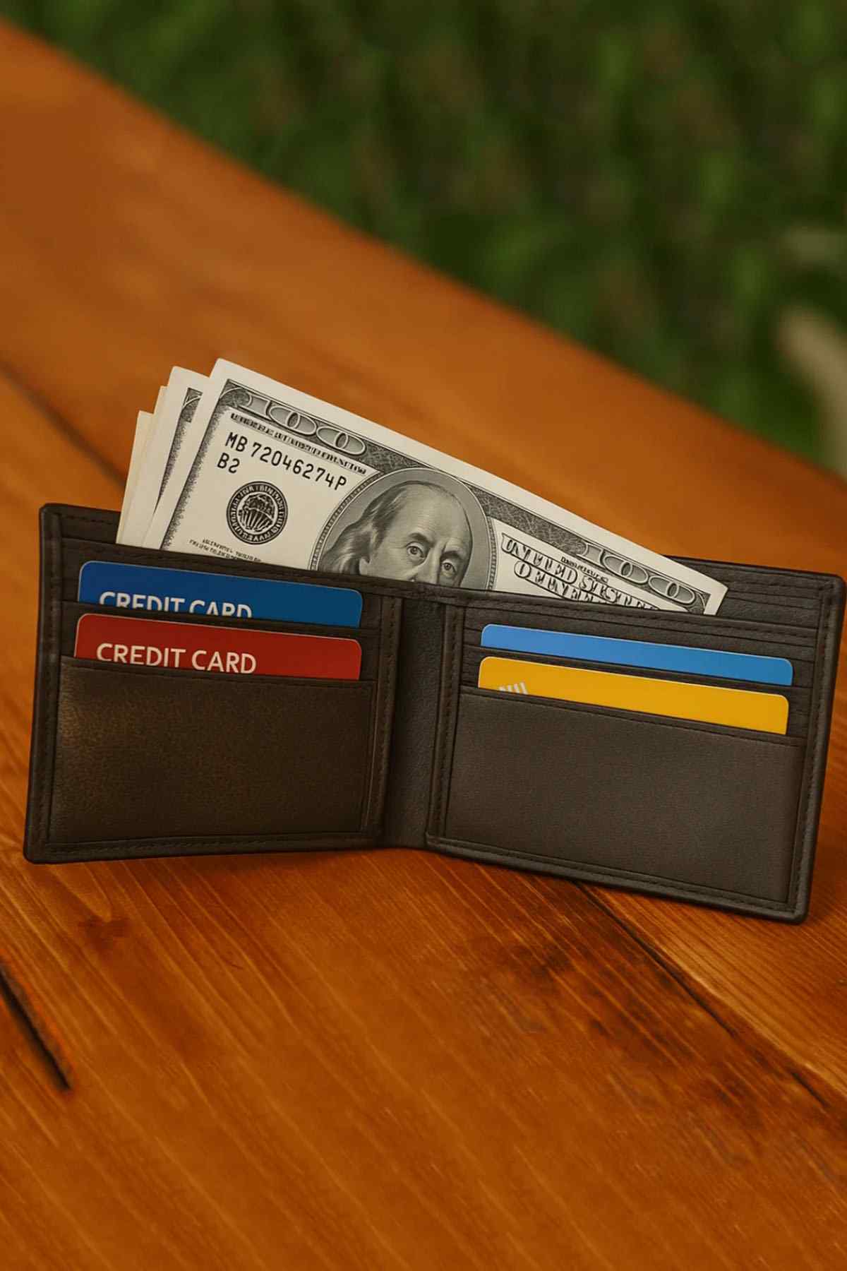 Black leather card holder open with credit card slots and cash pocket