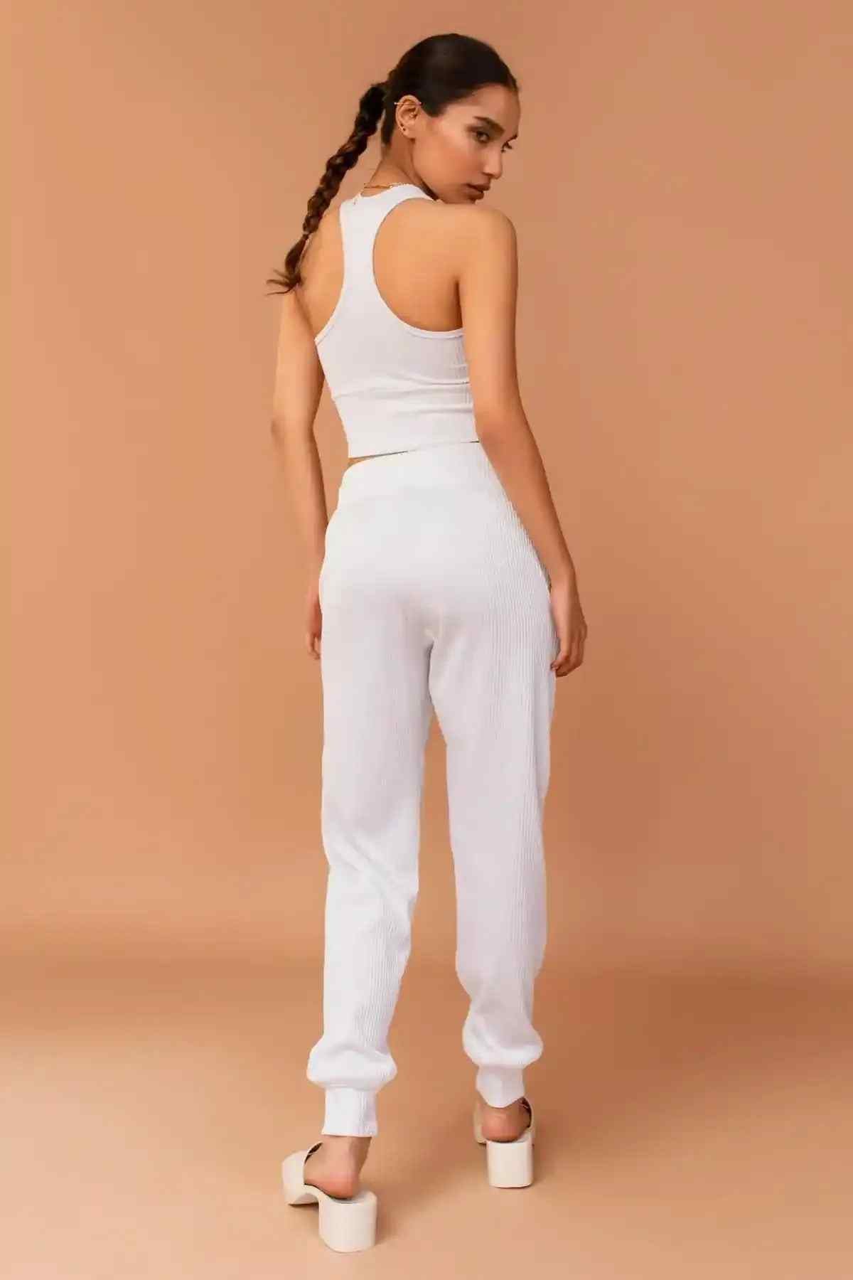 White crop tank and jogger pants set, side view