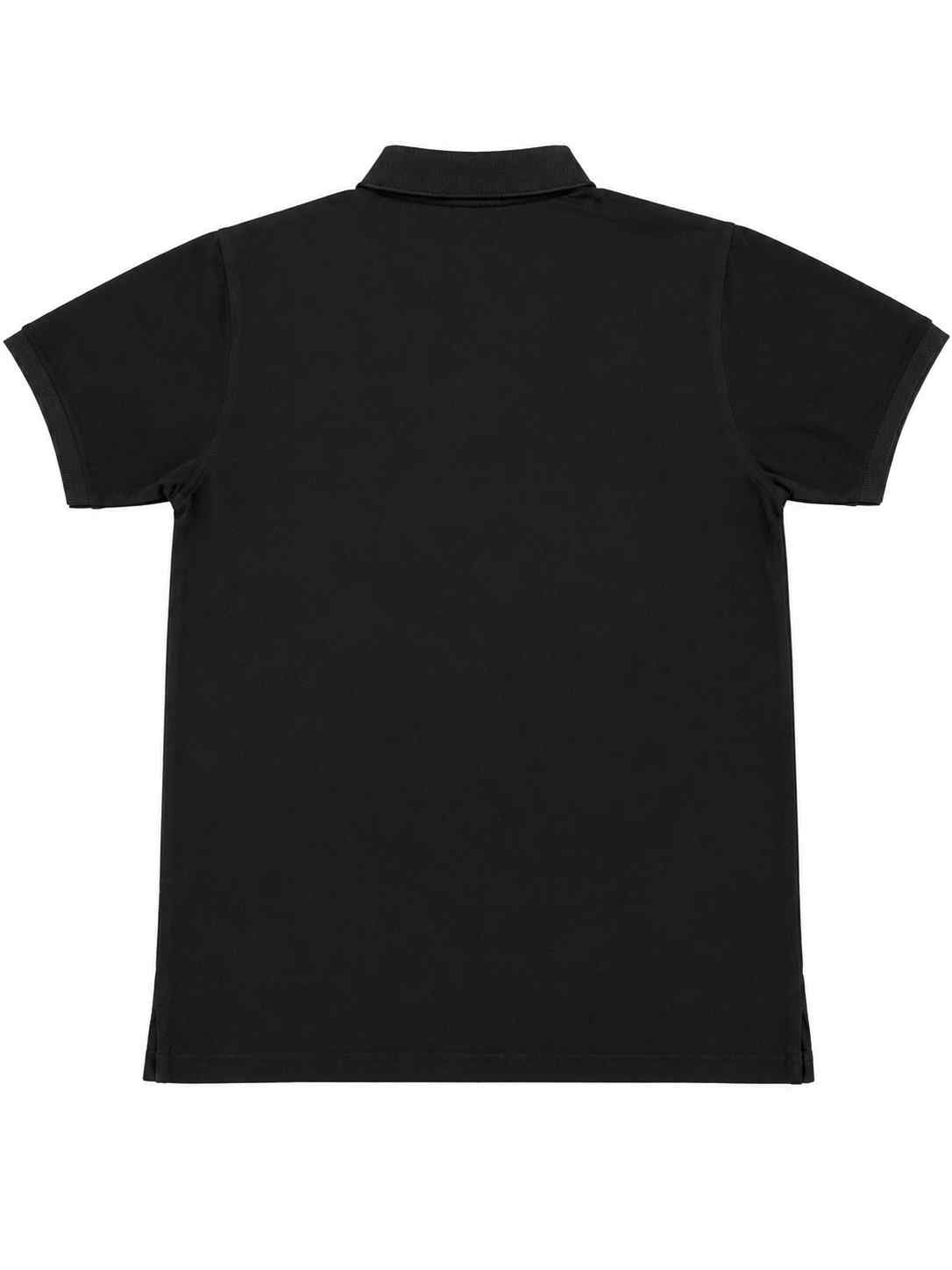 Black polo shirt back view with short sleeves and straight hem