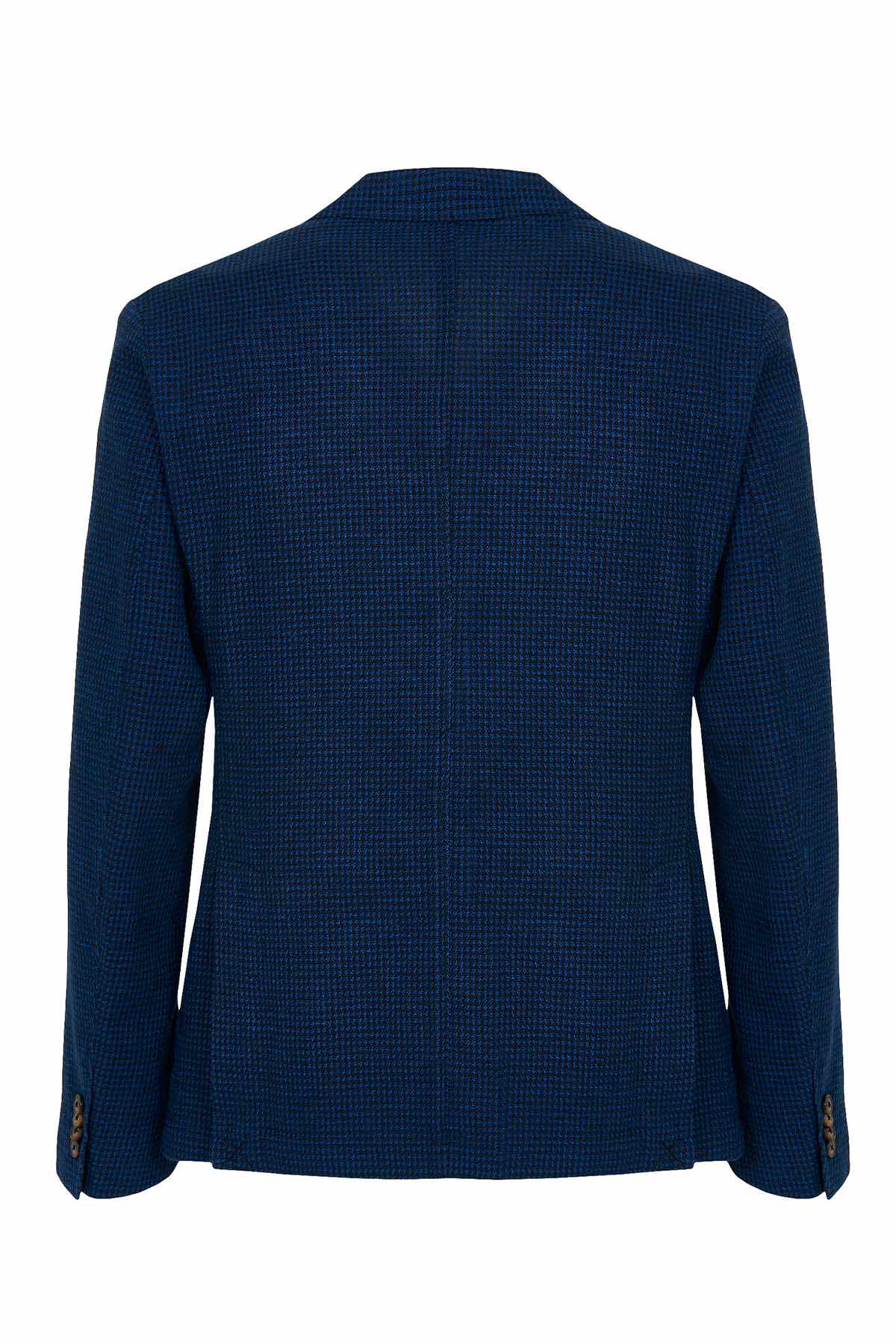 Navy blue textured blazer back view with center seam