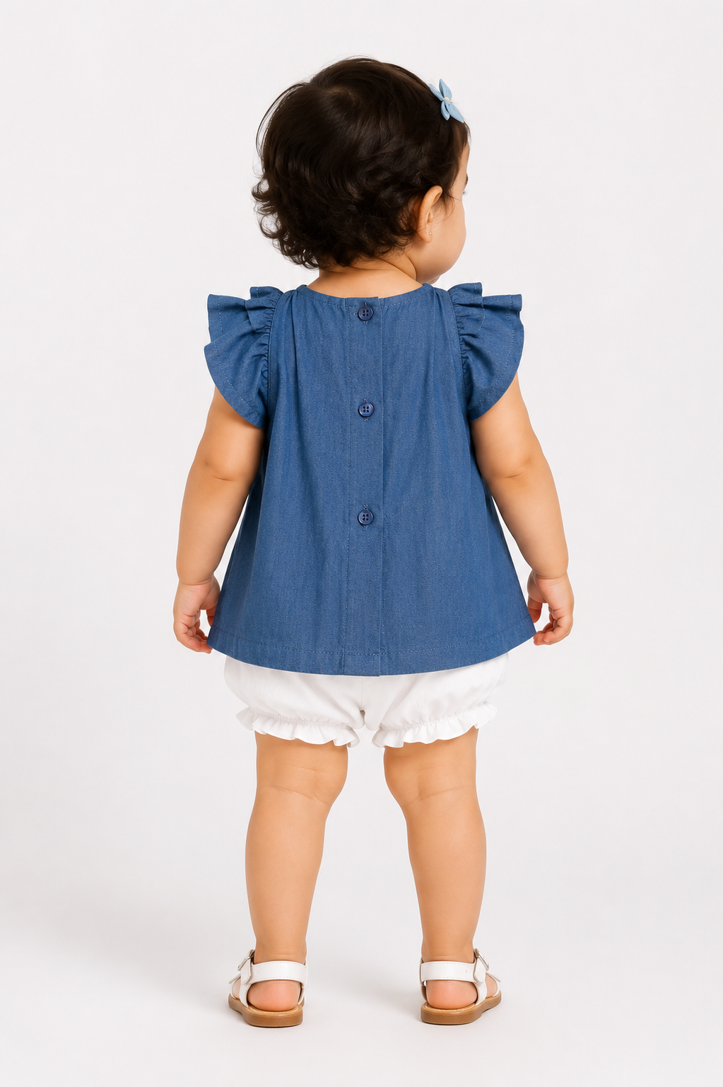 Blue denim baby dress with ruffled shoulders and back button closure