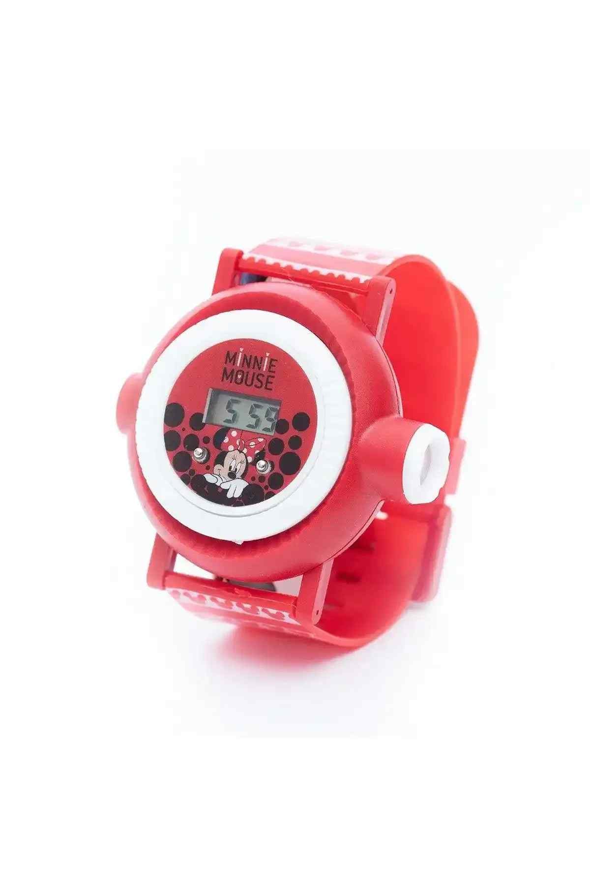 Red Minnie Mouse digital wristwatch with round face and 5:59 display
