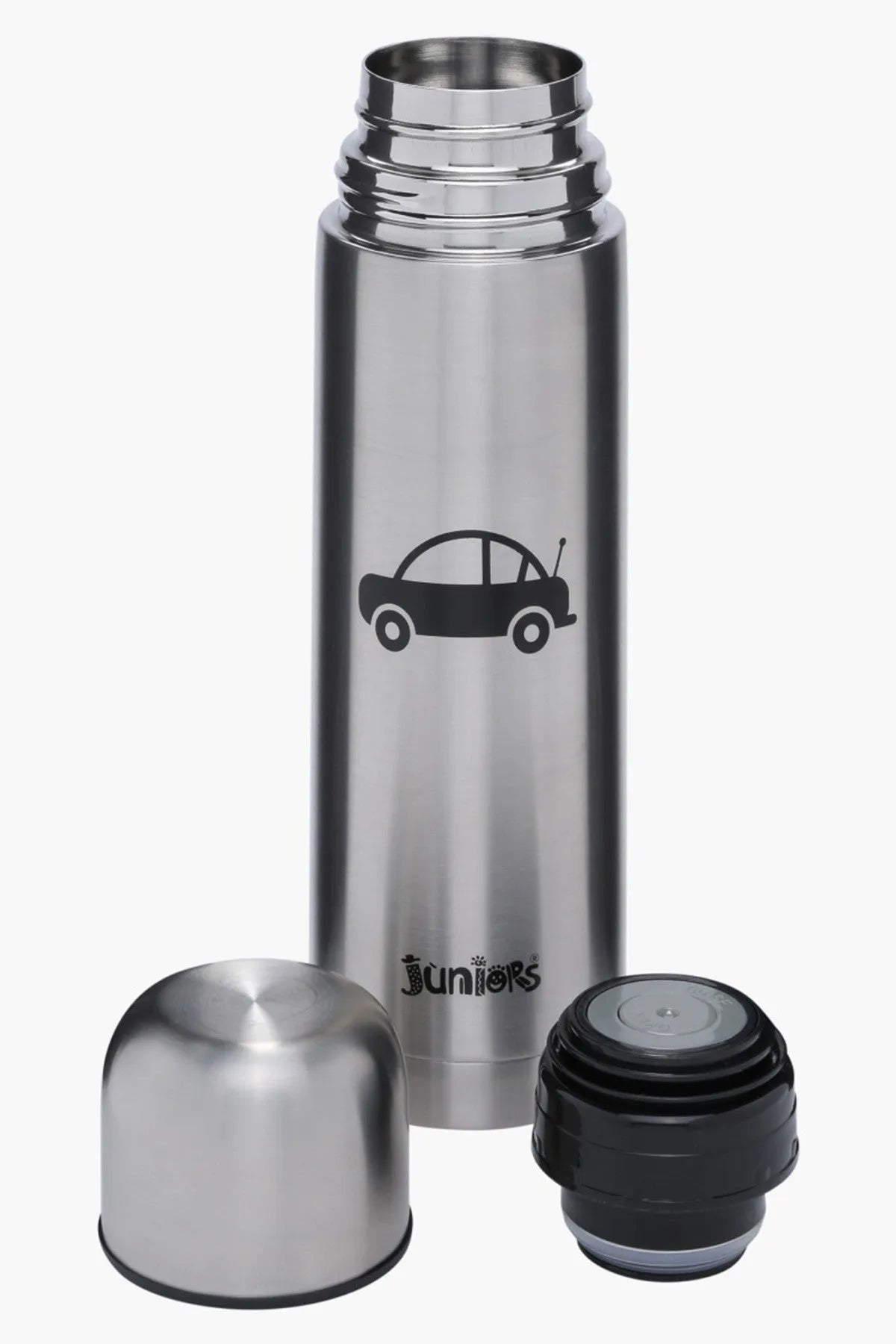 Stainless steel kids bottle with car graphic and two caps: silver and black
