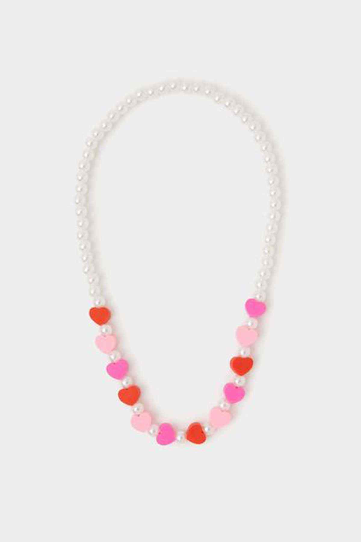 Pink and red heart bead necklace with pearl-look bead strand