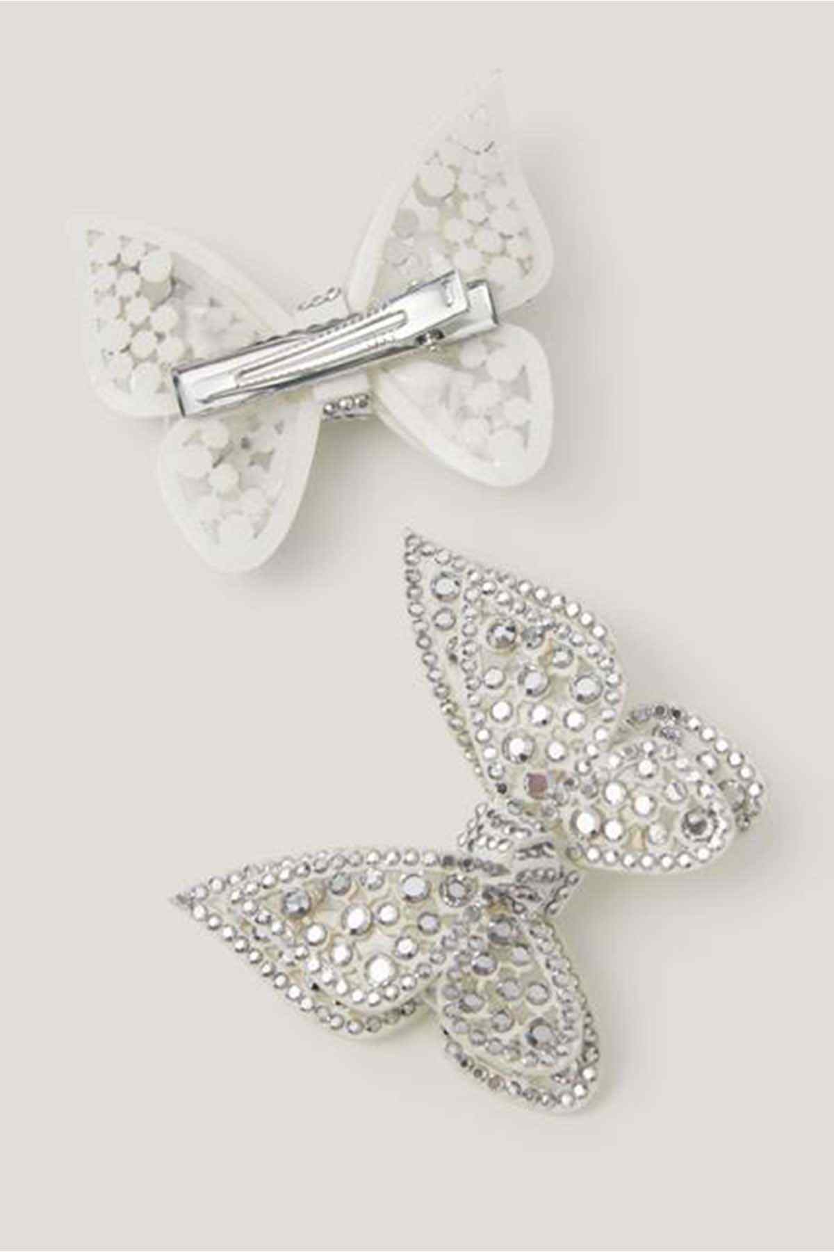 Silver rhinestone bow hair clips with metal snap, three-piece set