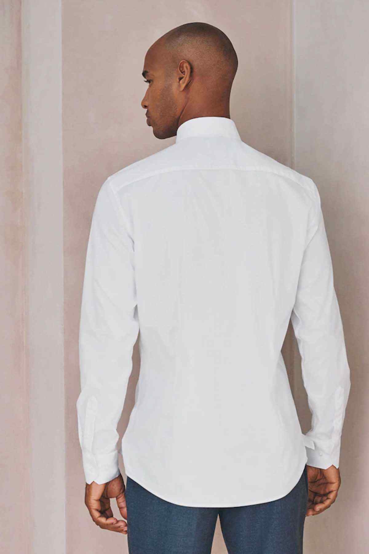 NEXT white dress shirt back view with long sleeves and buttoned yoke
